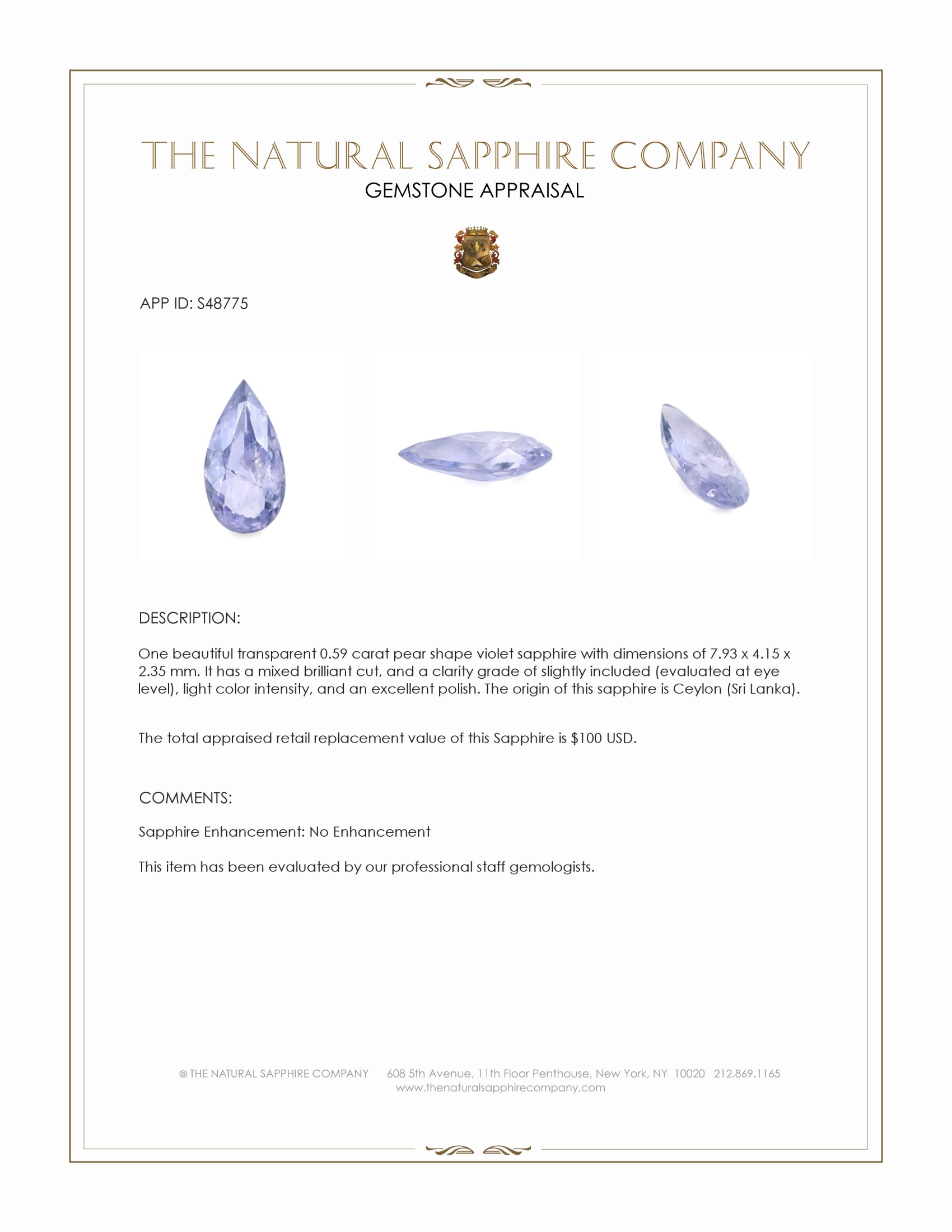 0.59 Ct. Violet Sapphire from Ceylon (Sri Lanka)
