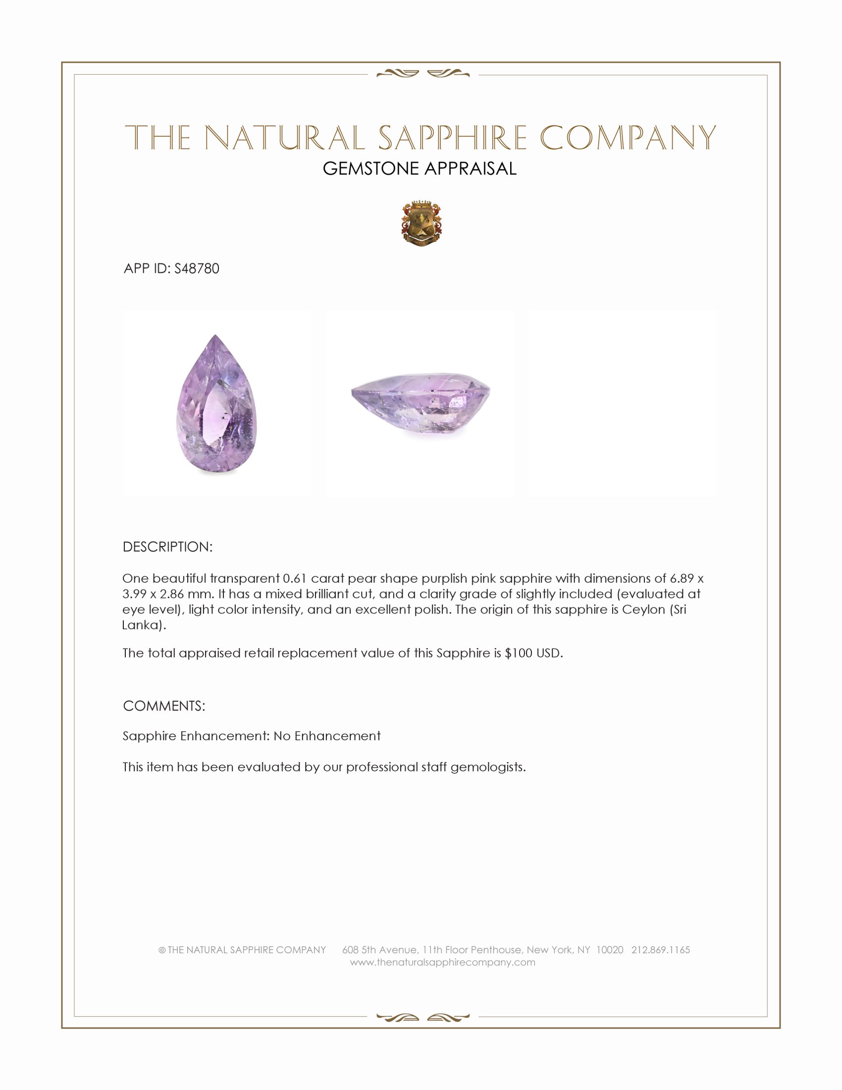 0.61 Ct. Purplish Pink Sapphire from Ceylon (Sri Lanka)