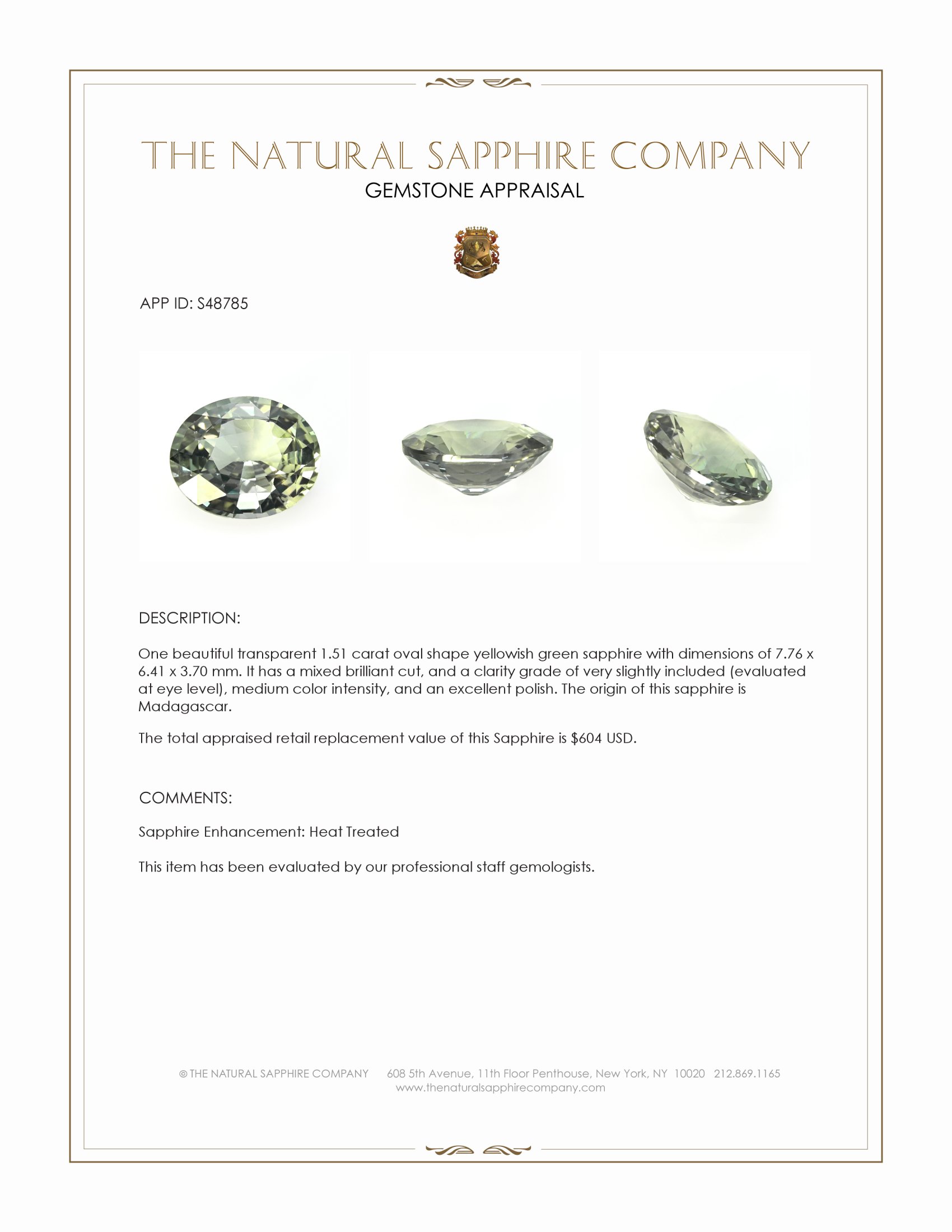 1.51 Ct. Yellowish Green Sapphire from Madagascar