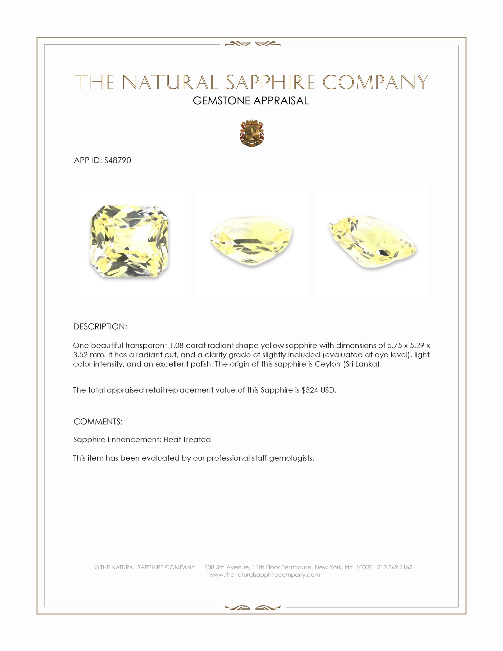 1.08 Ct. Yellow Sapphire from Ceylon (Sri Lanka)