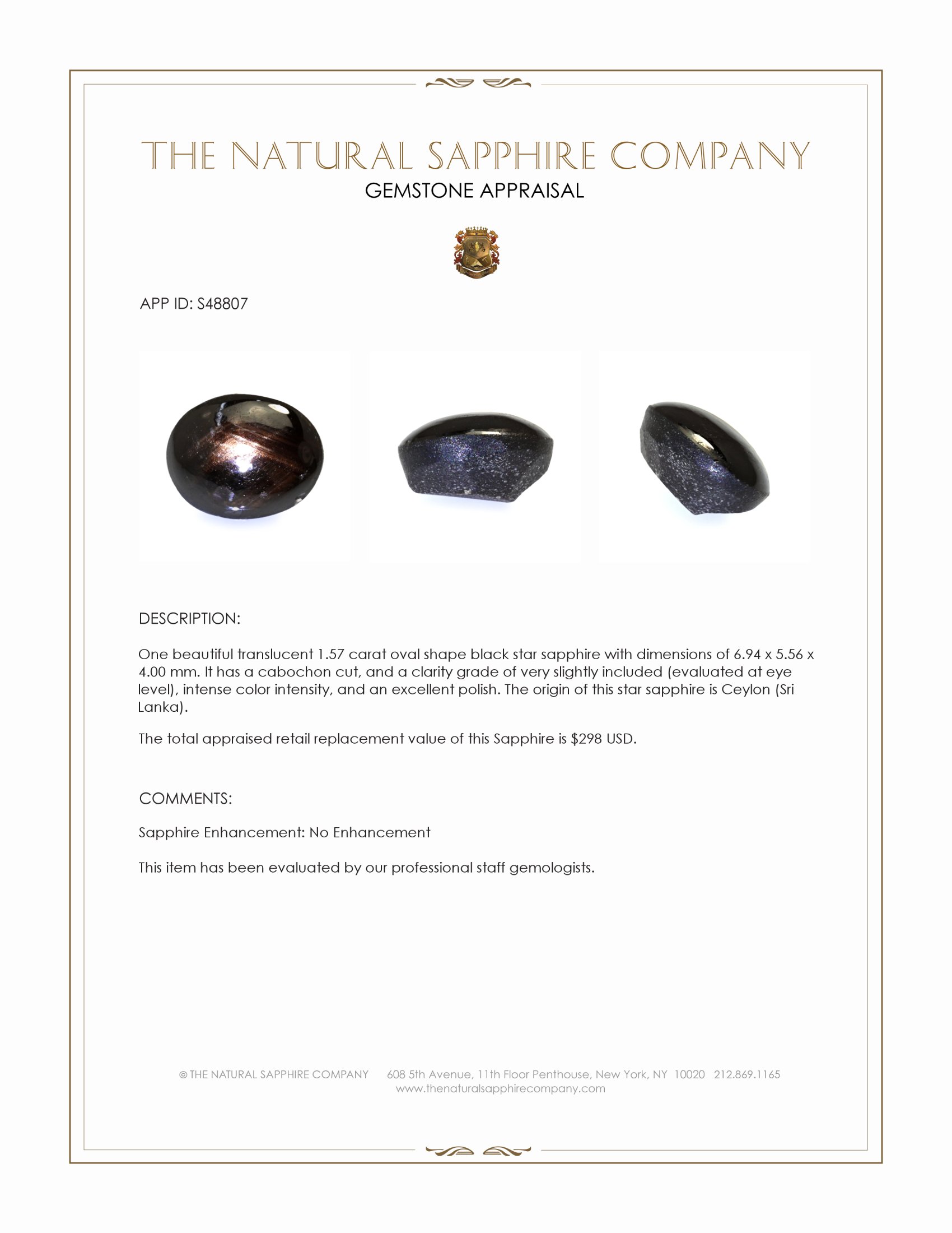 1.57 Ct. Black Cabochon Star Sapphire from Ceylon (Sri Lanka)