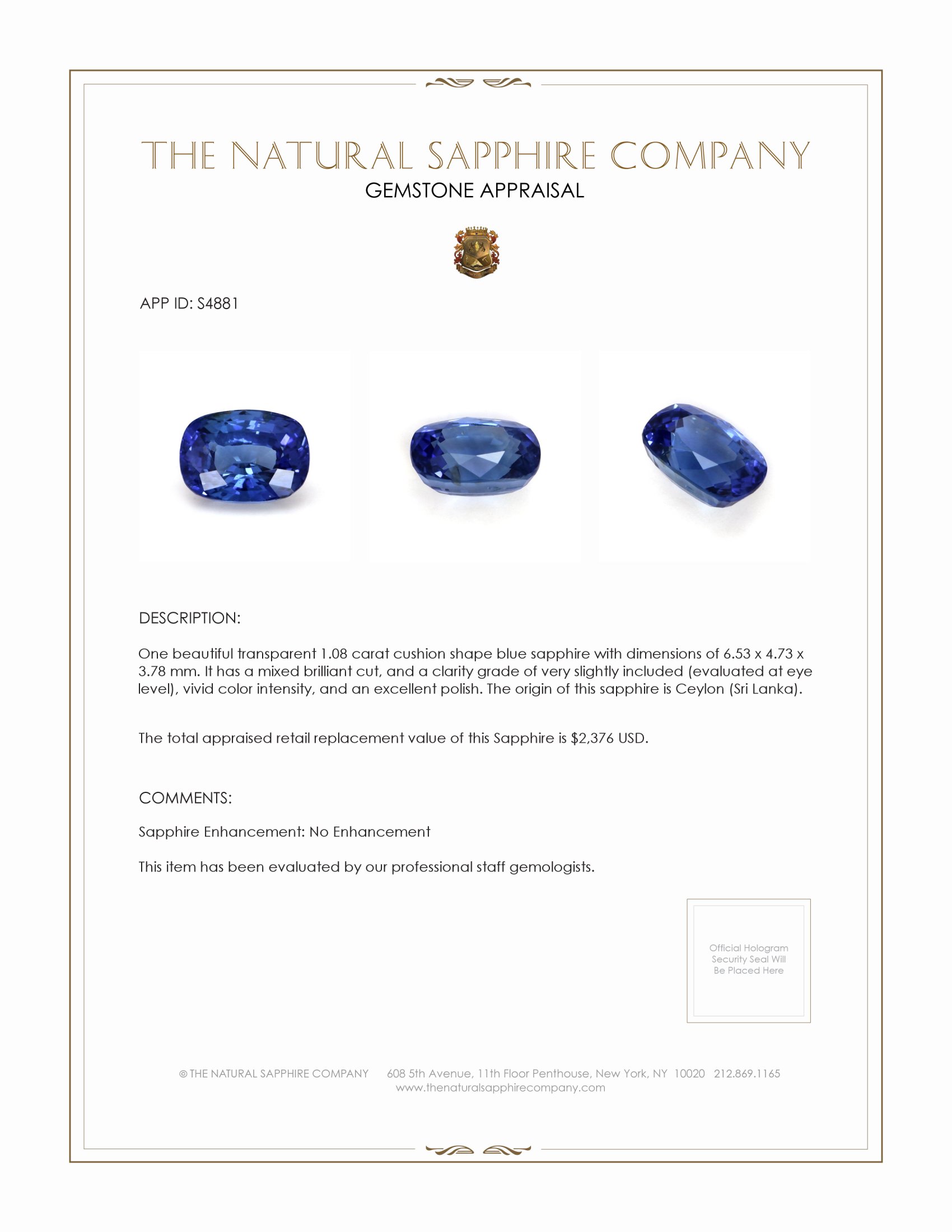 1.08 Ct. Blue Sapphire from Ceylon (Sri Lanka)