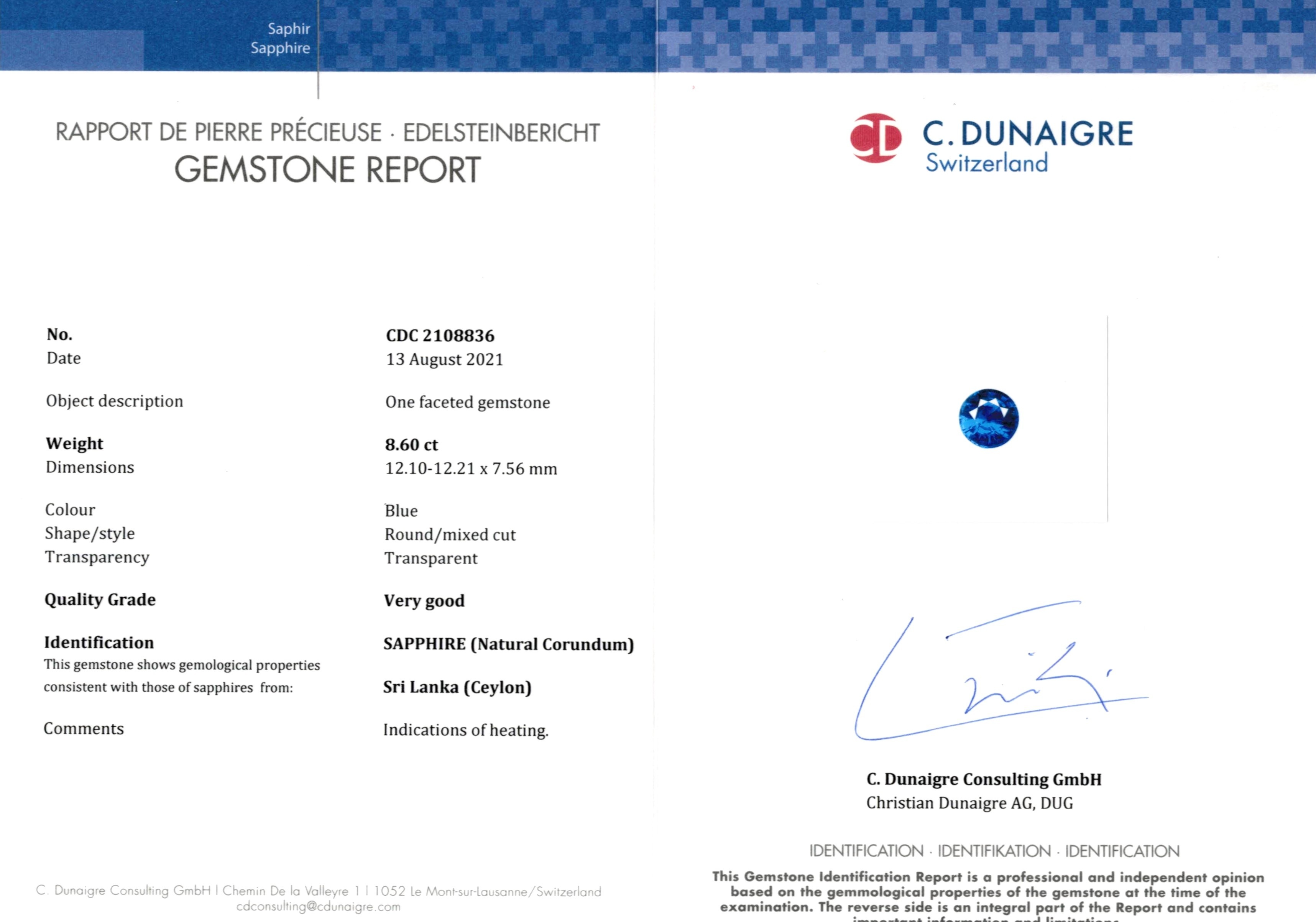 8.60 Ct. Blue Sapphire from Ceylon (Sri Lanka)