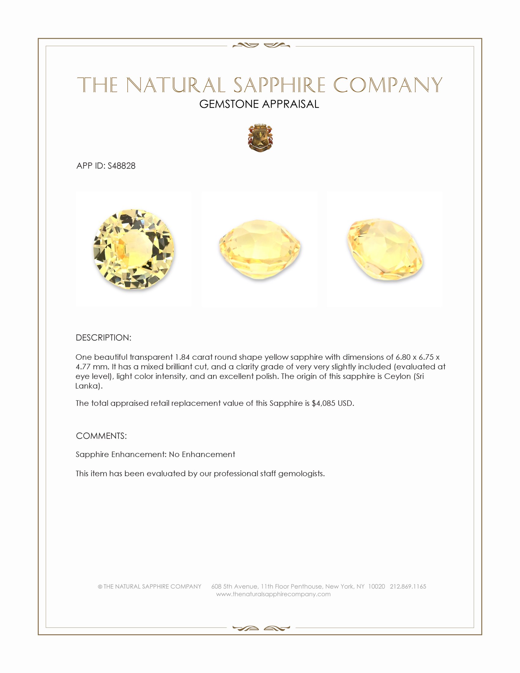 1.84 Ct. Yellow Sapphire from Ceylon (Sri Lanka)