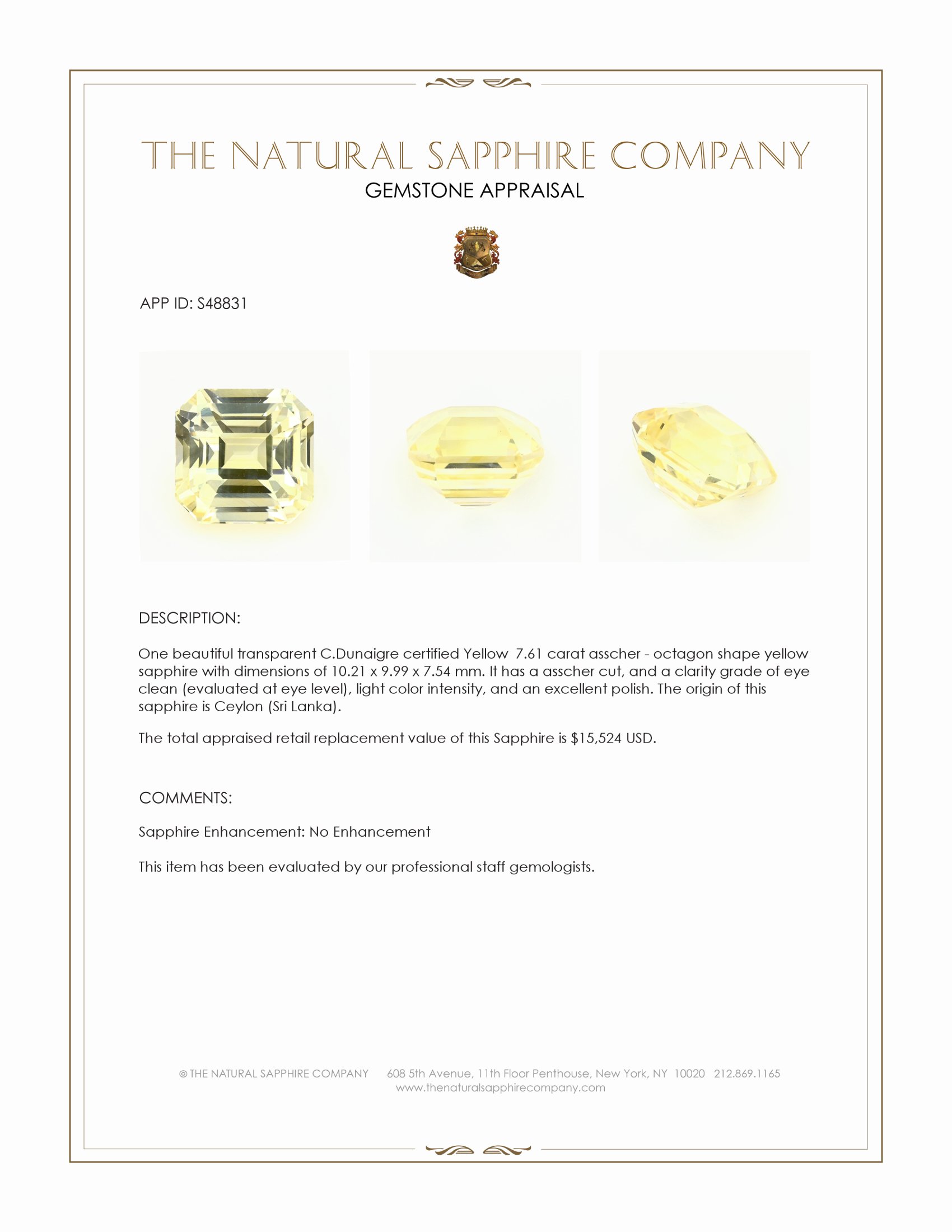 7.61 Ct. Yellow Sapphire from Ceylon (Sri Lanka)
