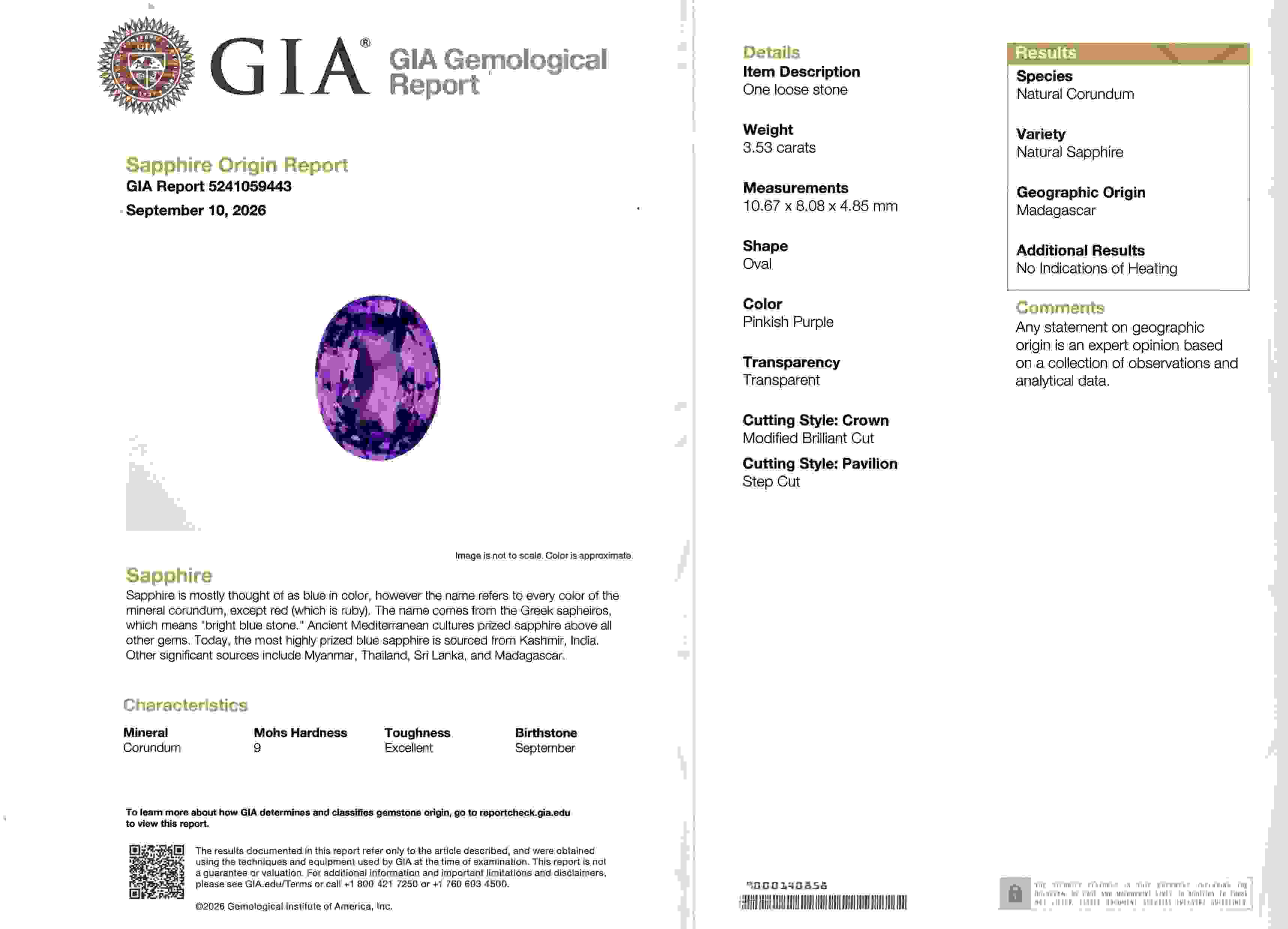 3.53 Ct. Pinkish Purple Sapphire from Madagascar