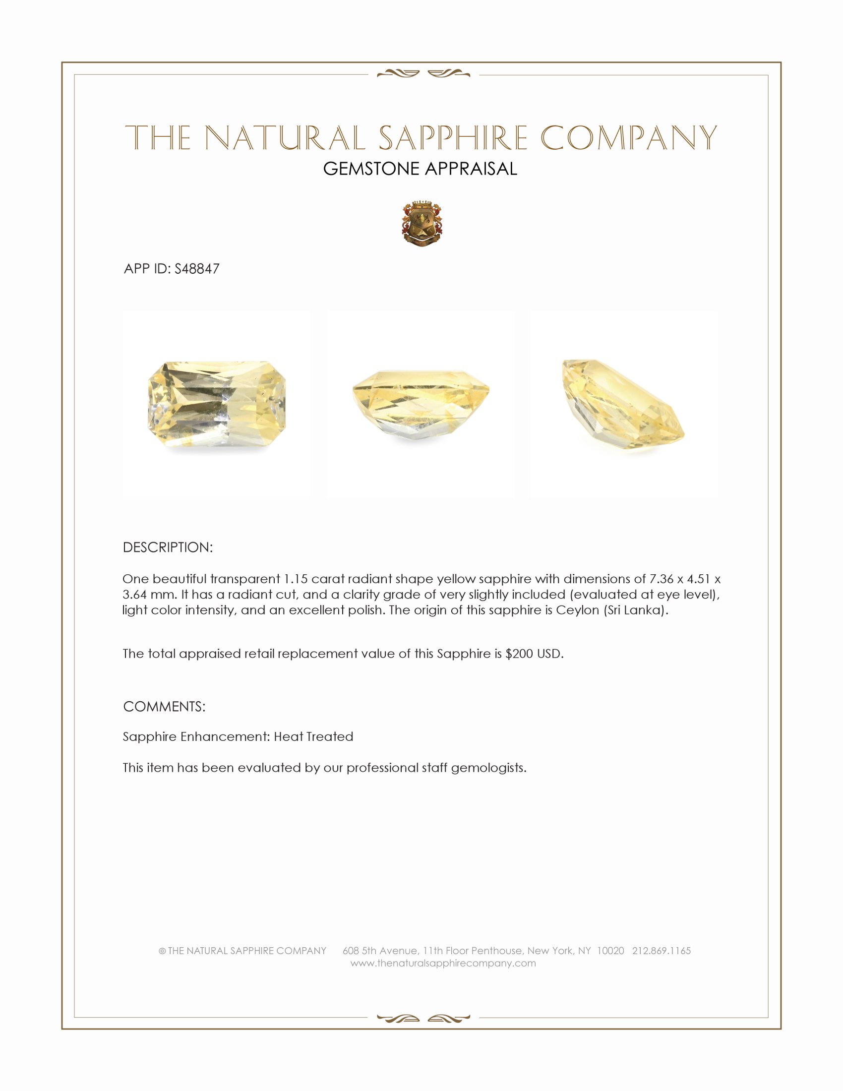 1.15 Ct. Yellow Sapphire from Ceylon (Sri Lanka)