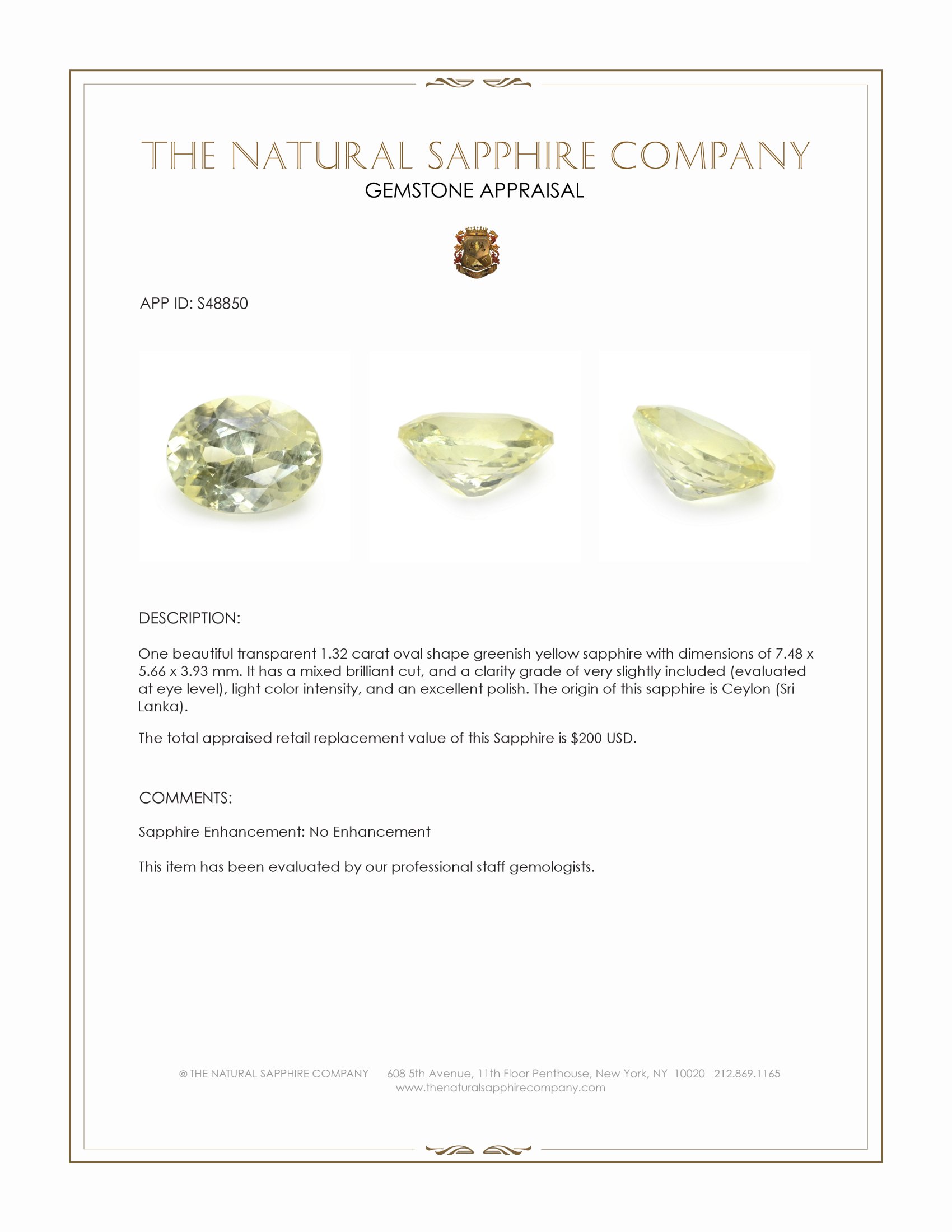 1.32 Ct. Greenish Yellow Sapphire from Ceylon (Sri Lanka)