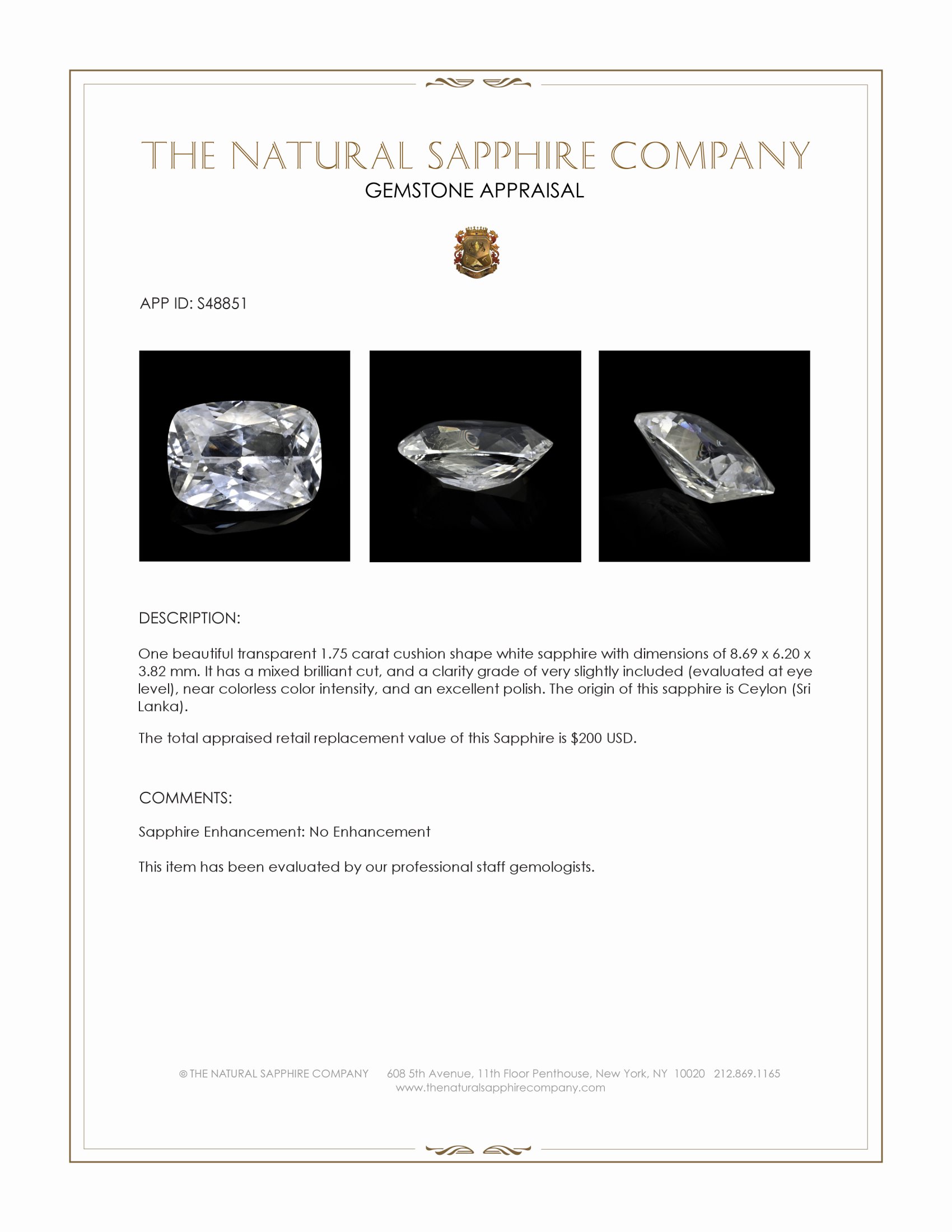 1.75 Ct. White Sapphire from Ceylon (Sri Lanka)