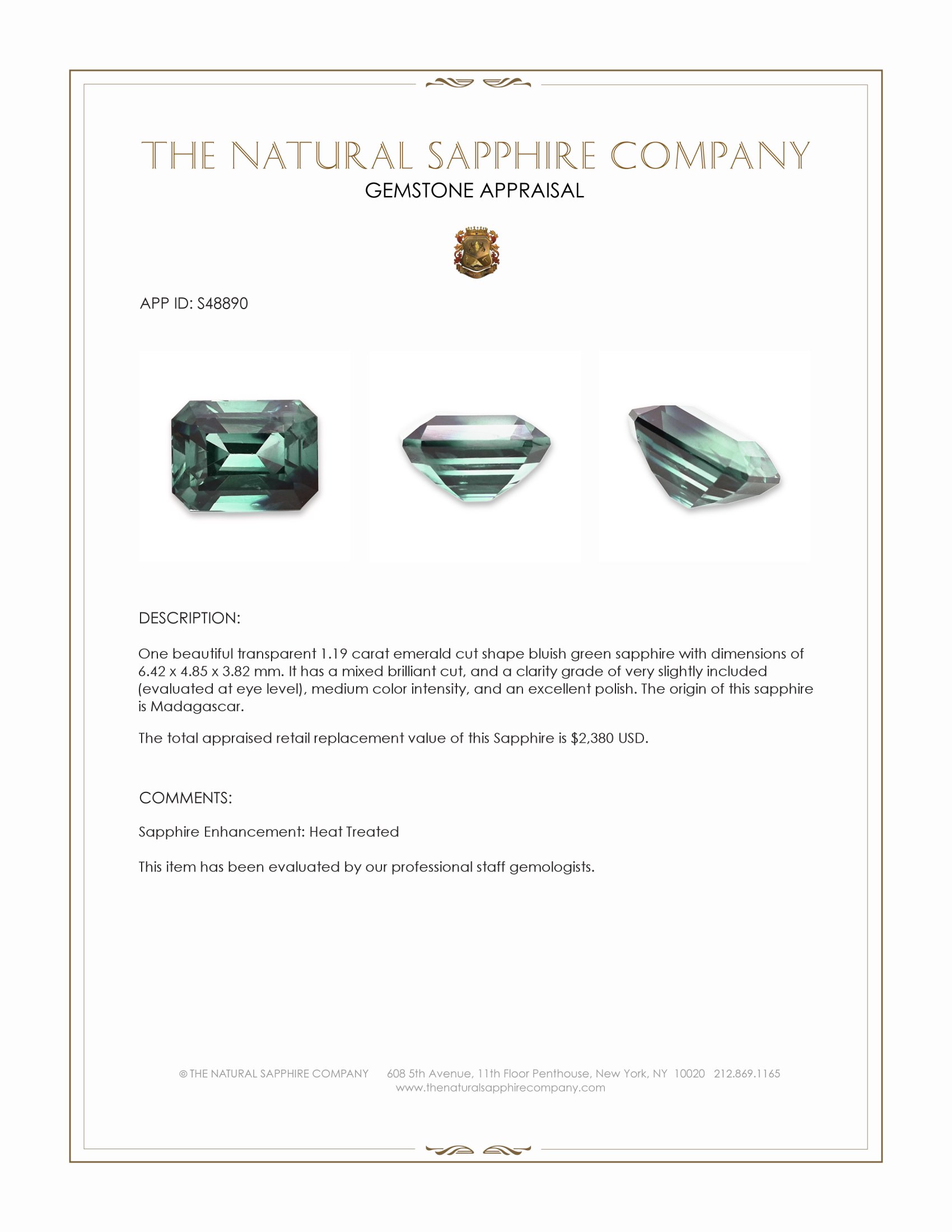 1.19 Ct. Bluish Green Sapphire from Madagascar