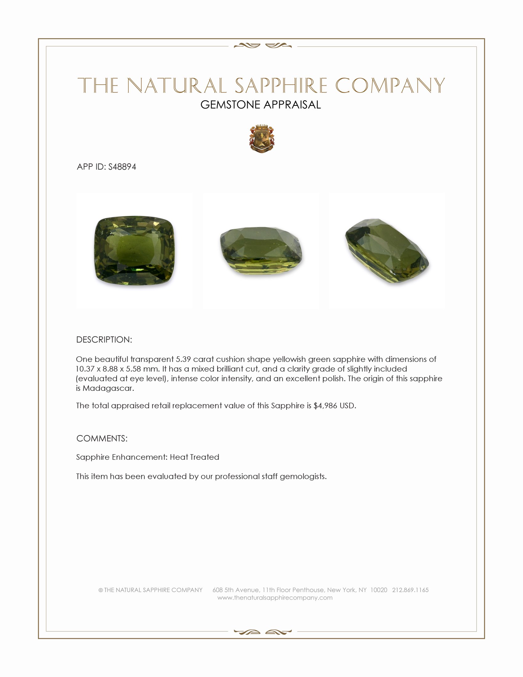 5.39 Ct. Yellowish Green Sapphire from Madagascar