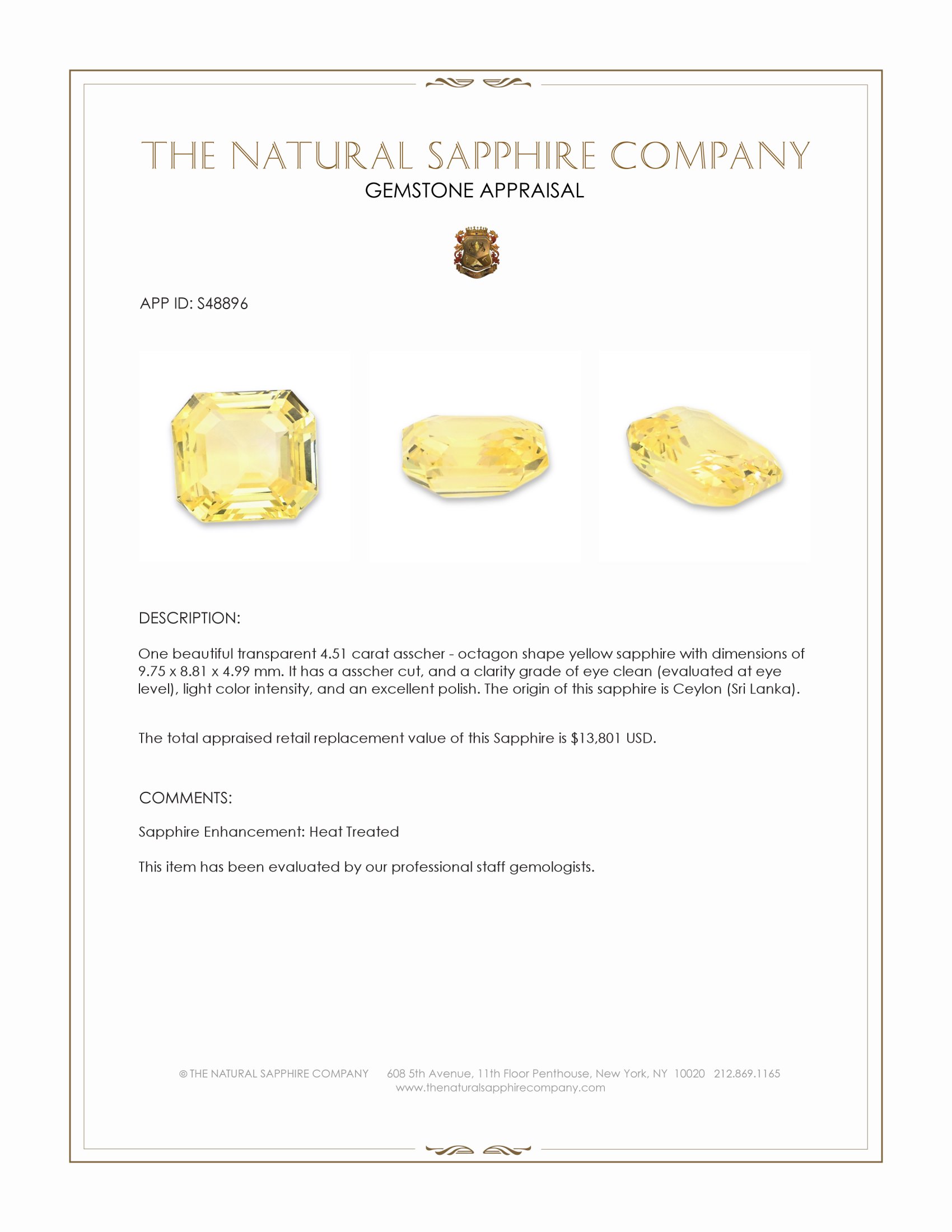 4.51 Ct. Yellow Sapphire from Ceylon (Sri Lanka)