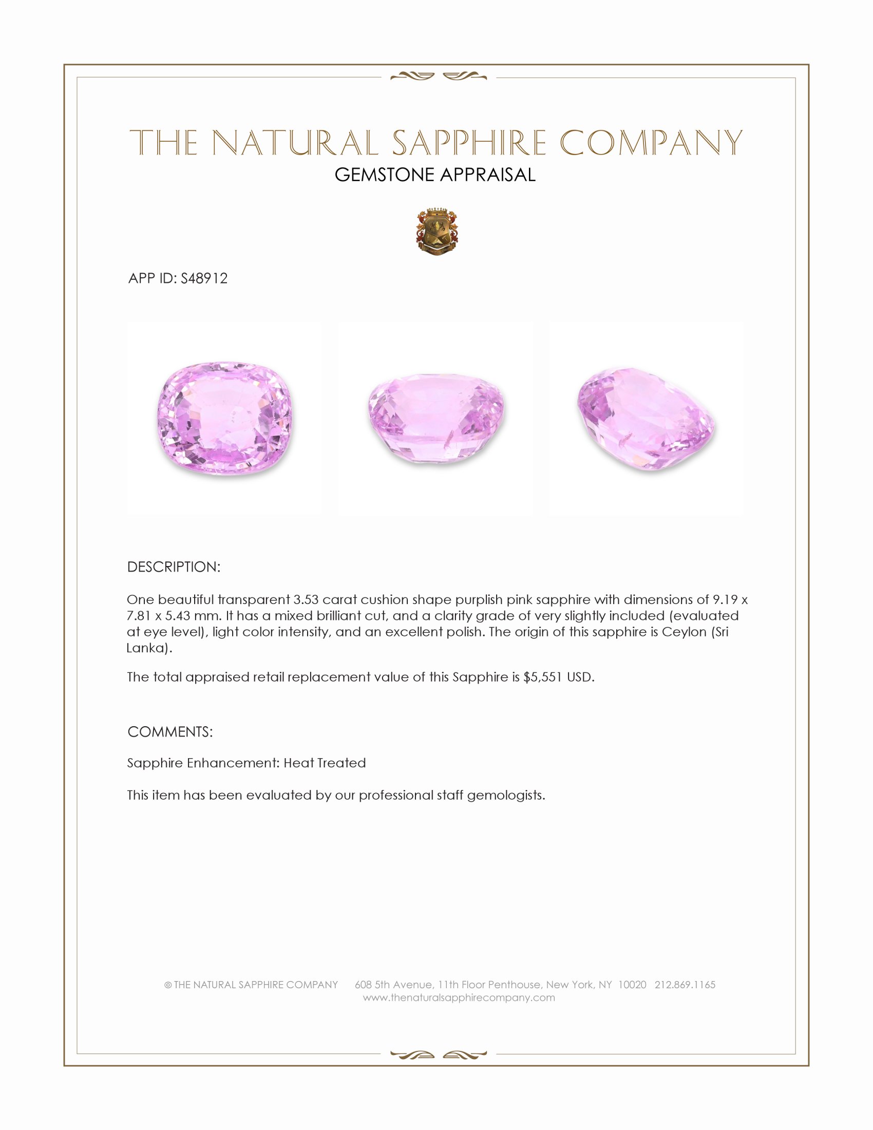 3.53 Ct. Purplish Pink Sapphire from Ceylon (Sri Lanka)