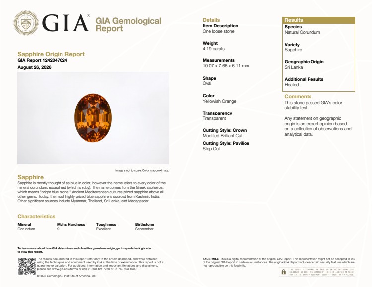 4.19 Ct. Yellowish Orange Sapphire from Ceylon (Sri Lanka)