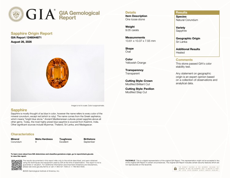 9.05 Ct. Yellowish Orange Sapphire from Ceylon (Sri Lanka)