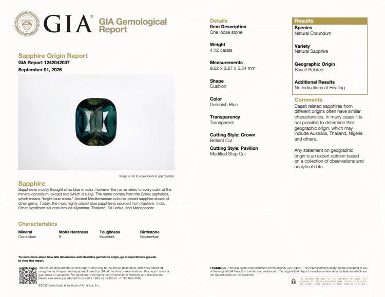 4.12 Ct. Greenish Blue Sapphire