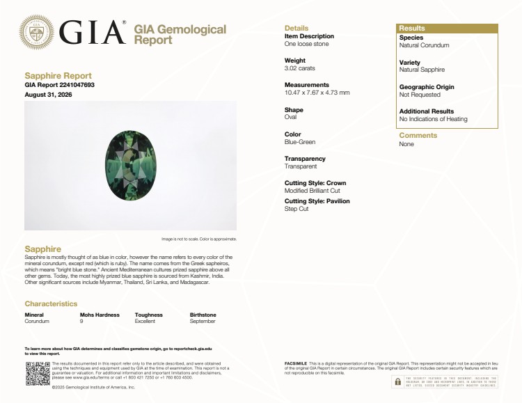 3.02 Ct. Bluish Green Sapphire from Madagascar