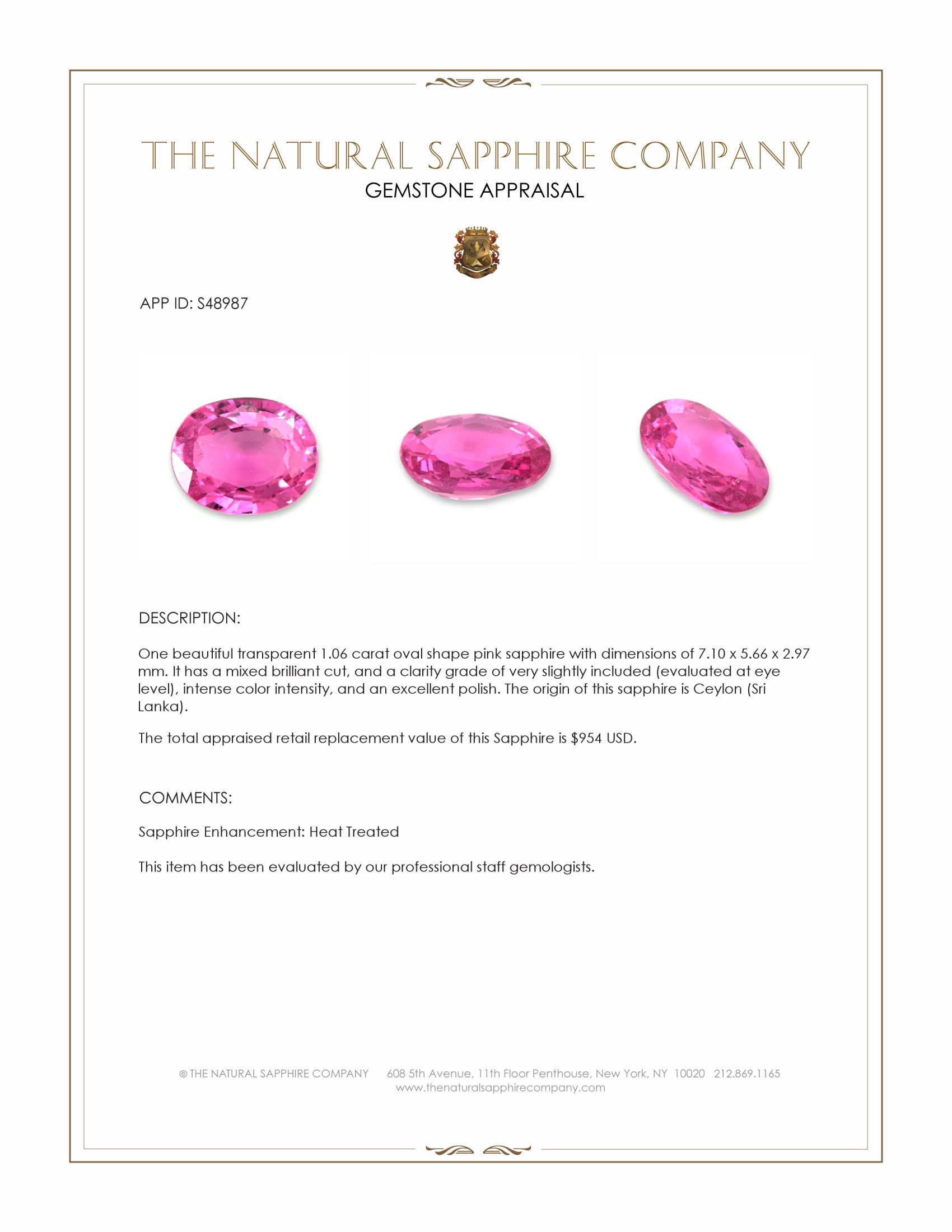 1.06 Ct. Pink Sapphire from Ceylon (Sri Lanka)