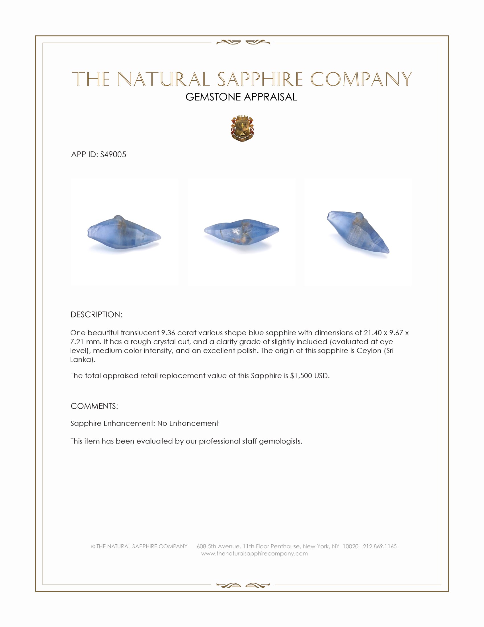 9.36 Ct. Blue Sapphire from Ceylon (Sri Lanka)