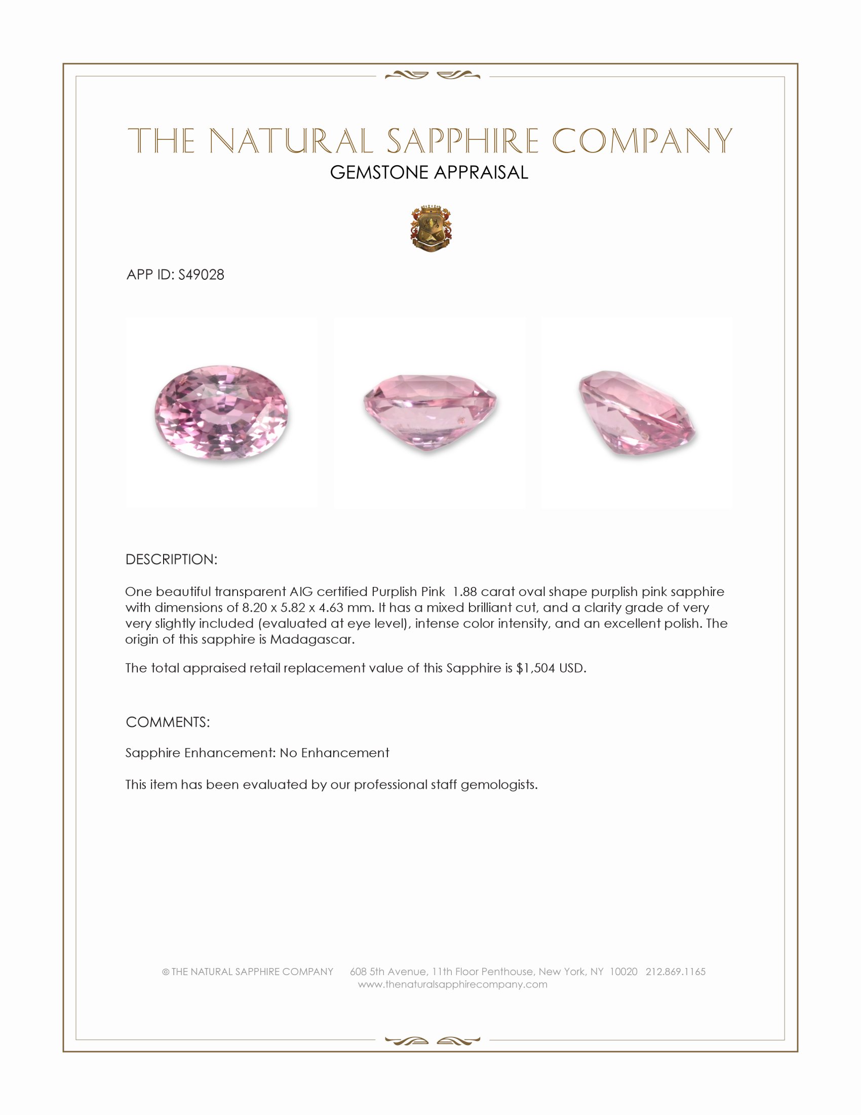 1.88 Ct. Purplish Pink Sapphire from Madagascar