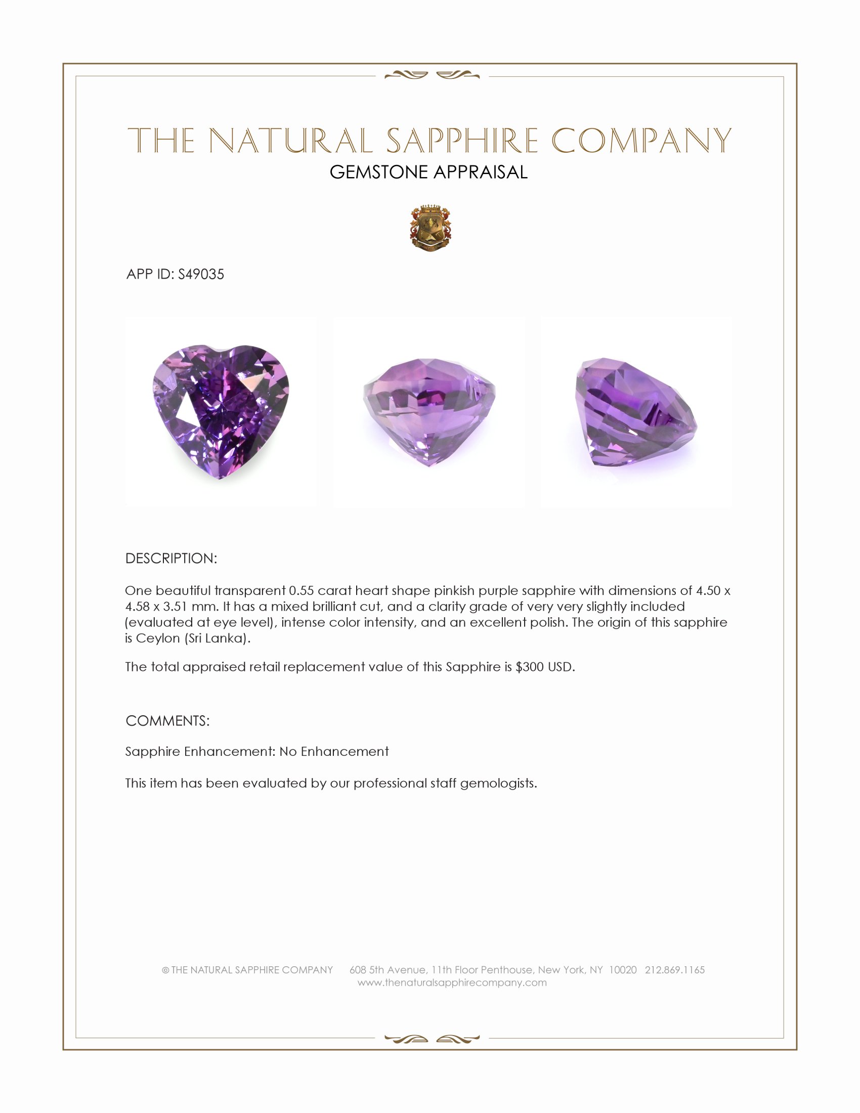 0.55 Ct. Pinkish Purple Sapphire from Ceylon (Sri Lanka)