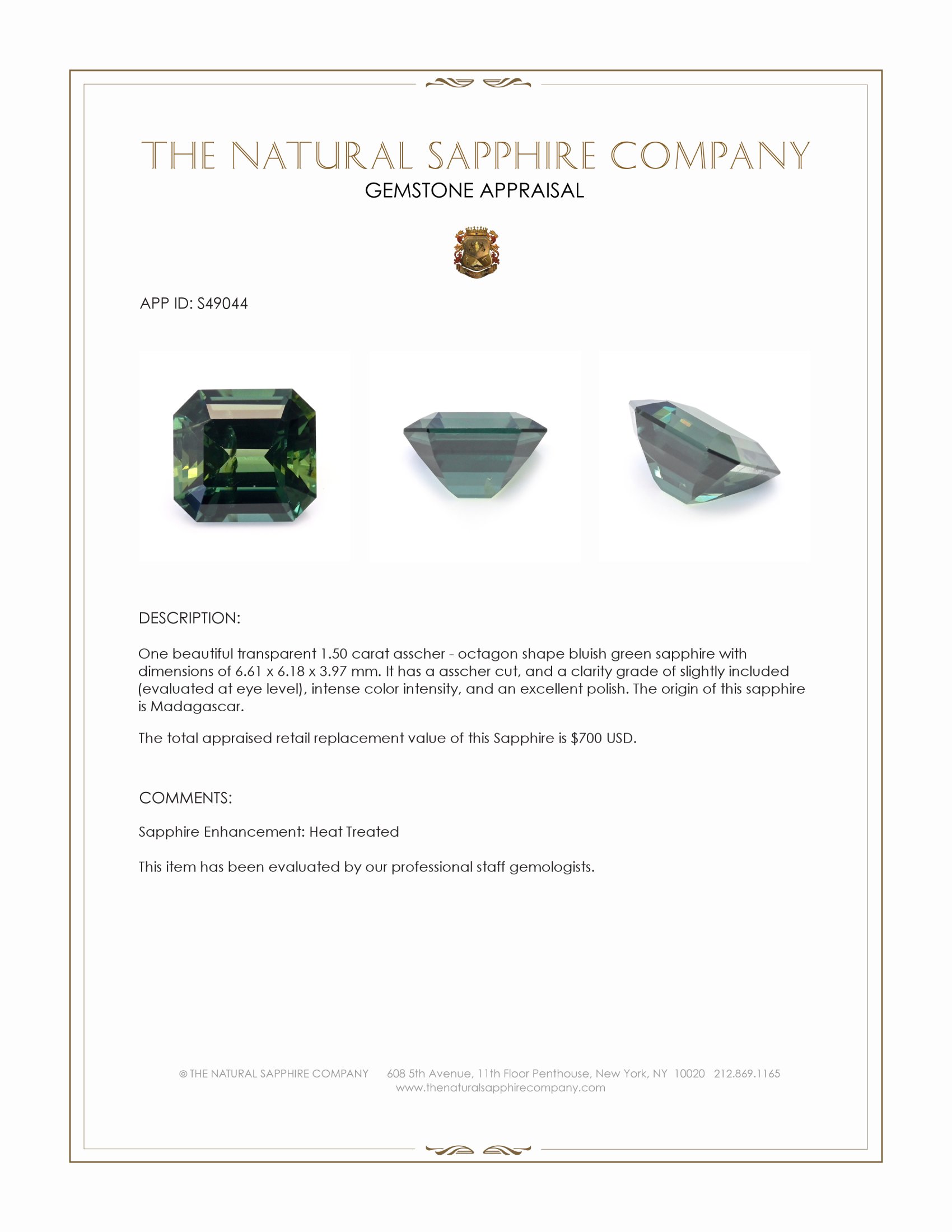 1.50 Ct. Bluish Green Sapphire from Madagascar