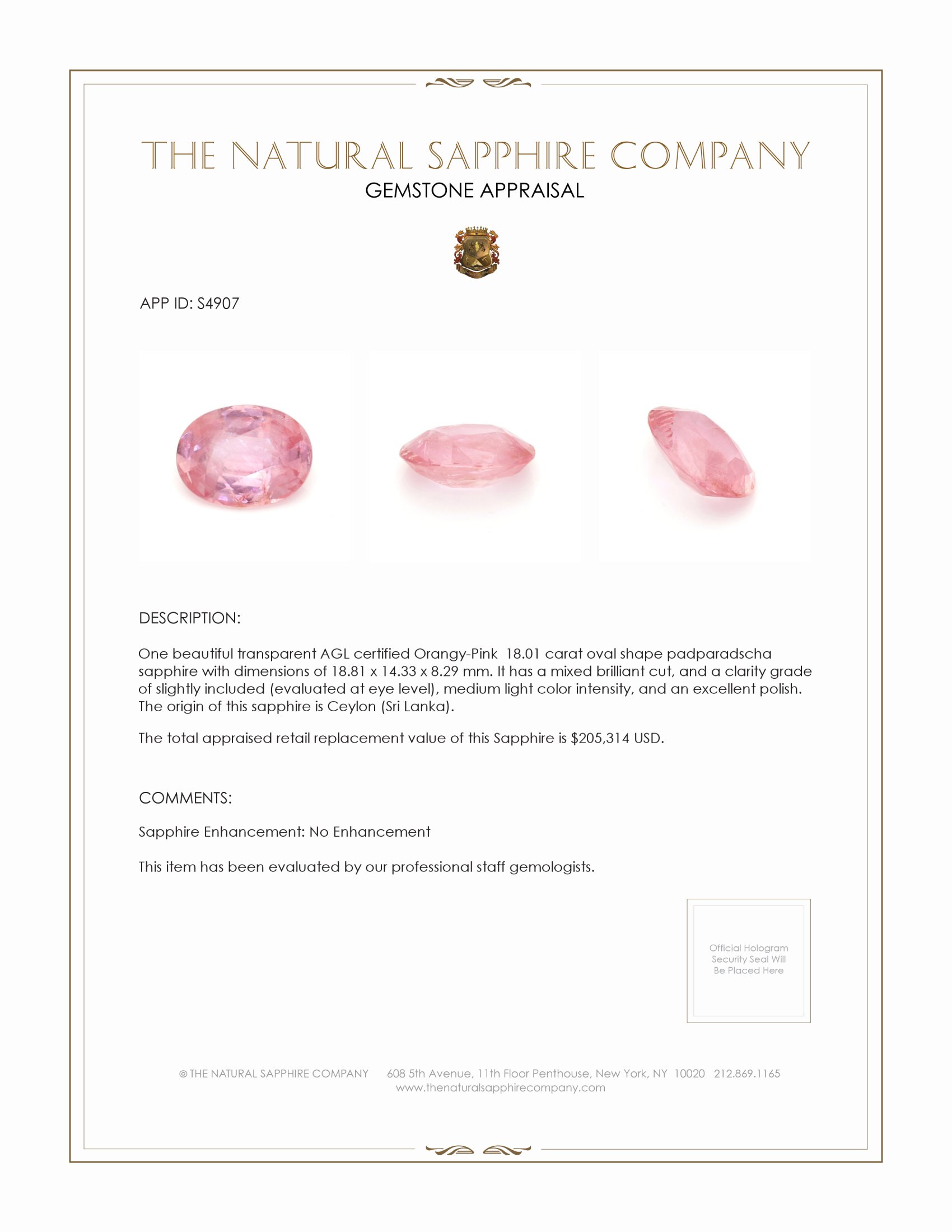 18.01 Ct. Padparadscha Sapphire from Ceylon (Sri Lanka)