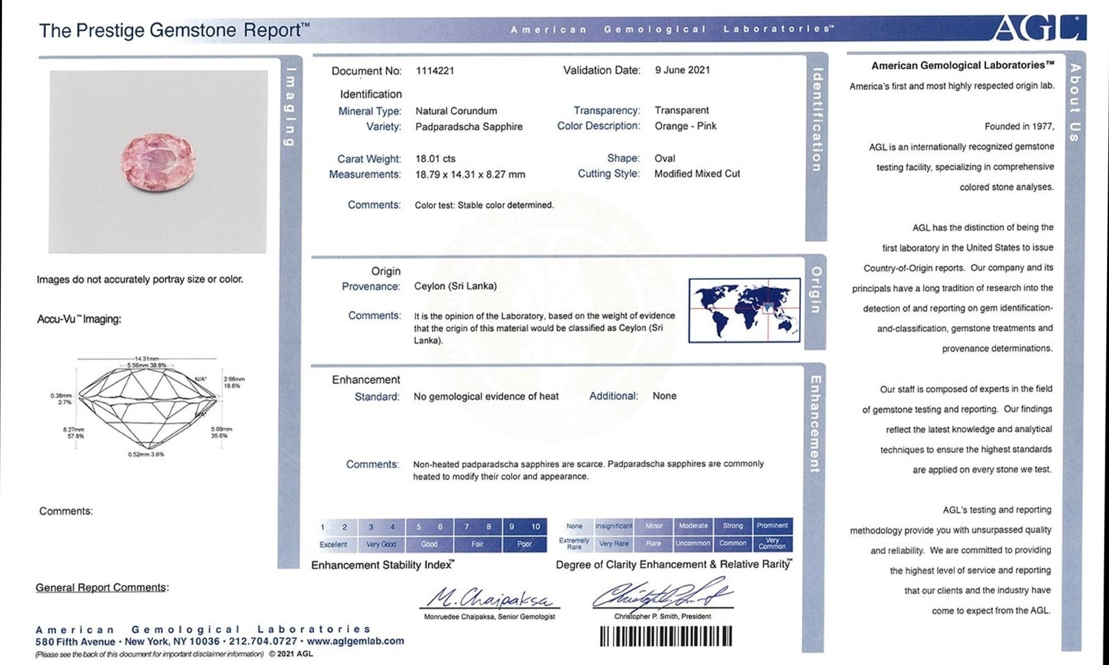 18.01 Ct. Padparadscha Sapphire from Ceylon (Sri Lanka)