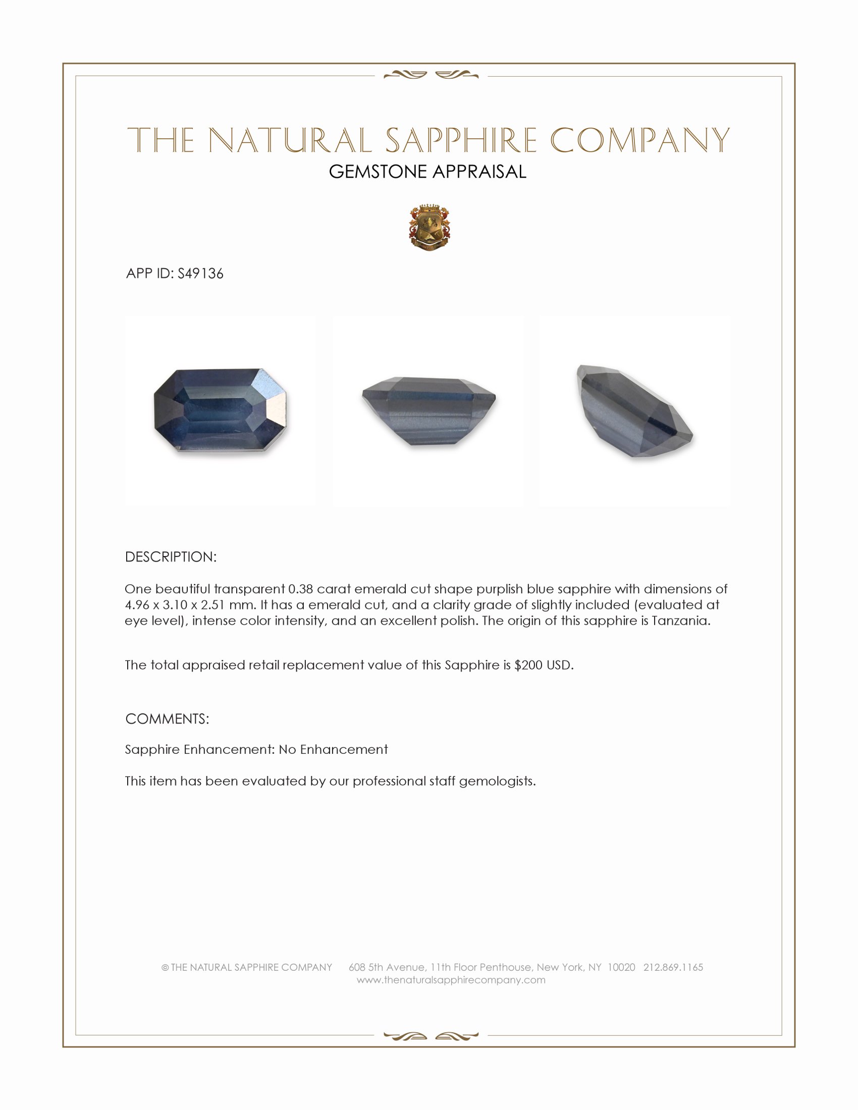 0.38 Ct. Purplish Blue Sapphire from Tanzania