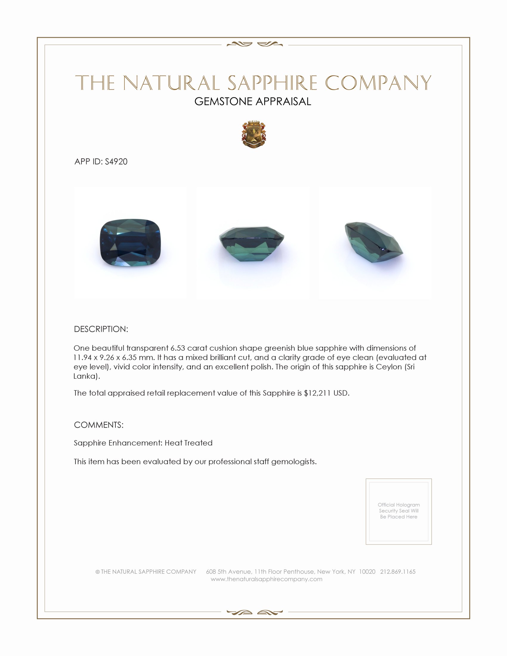 6.53 Ct. Greenish Blue Sapphire from Ceylon (Sri Lanka)