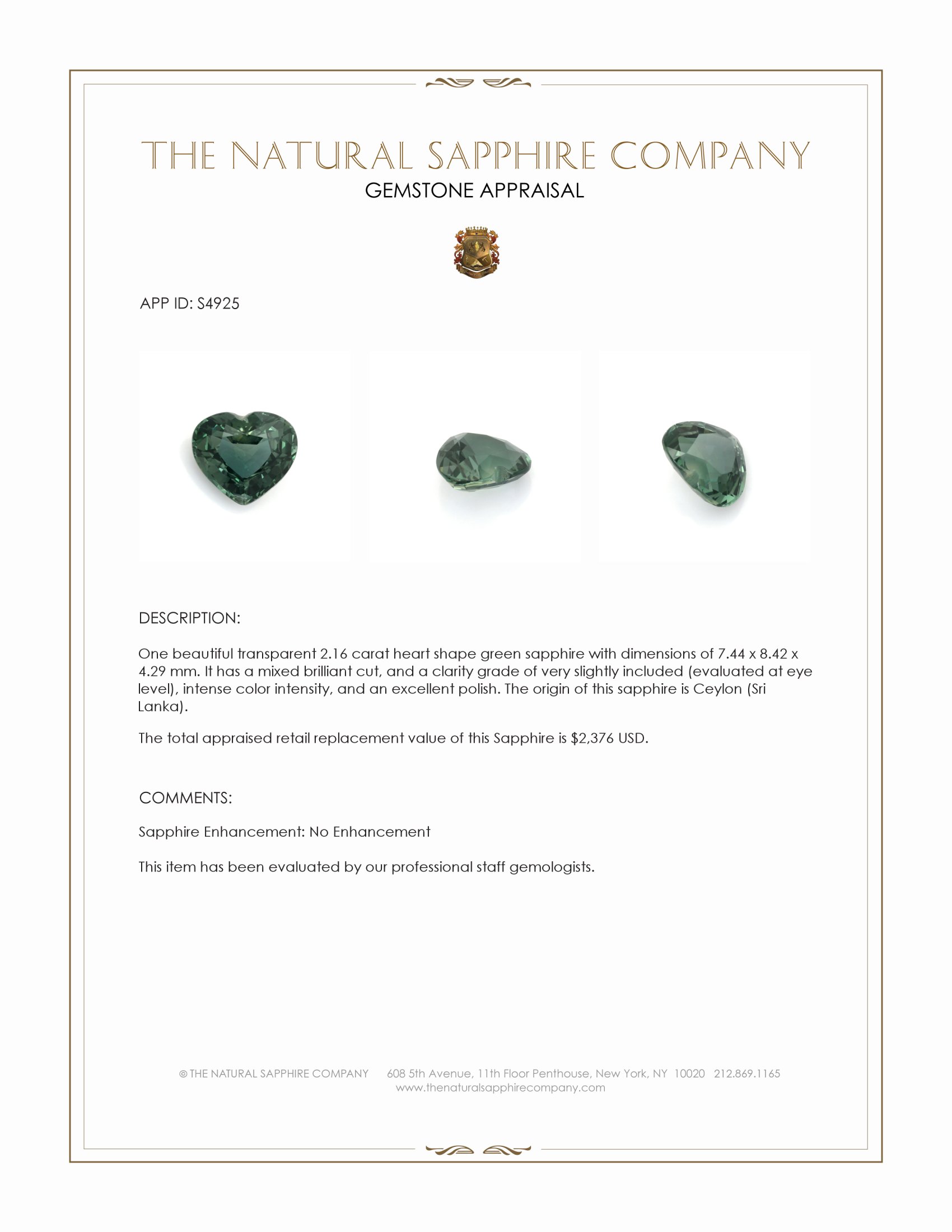 2.16 Ct. Green Sapphire from Ceylon (Sri Lanka)