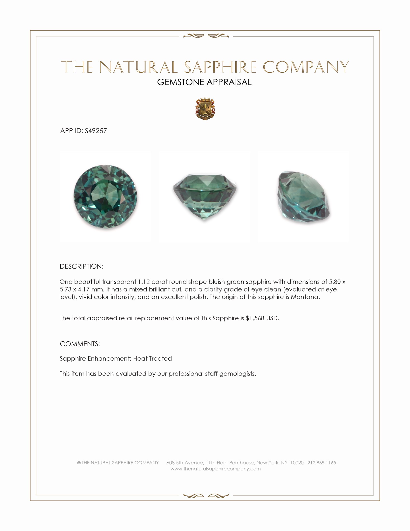 1.12 Ct. Bluish Green Sapphire from Montana