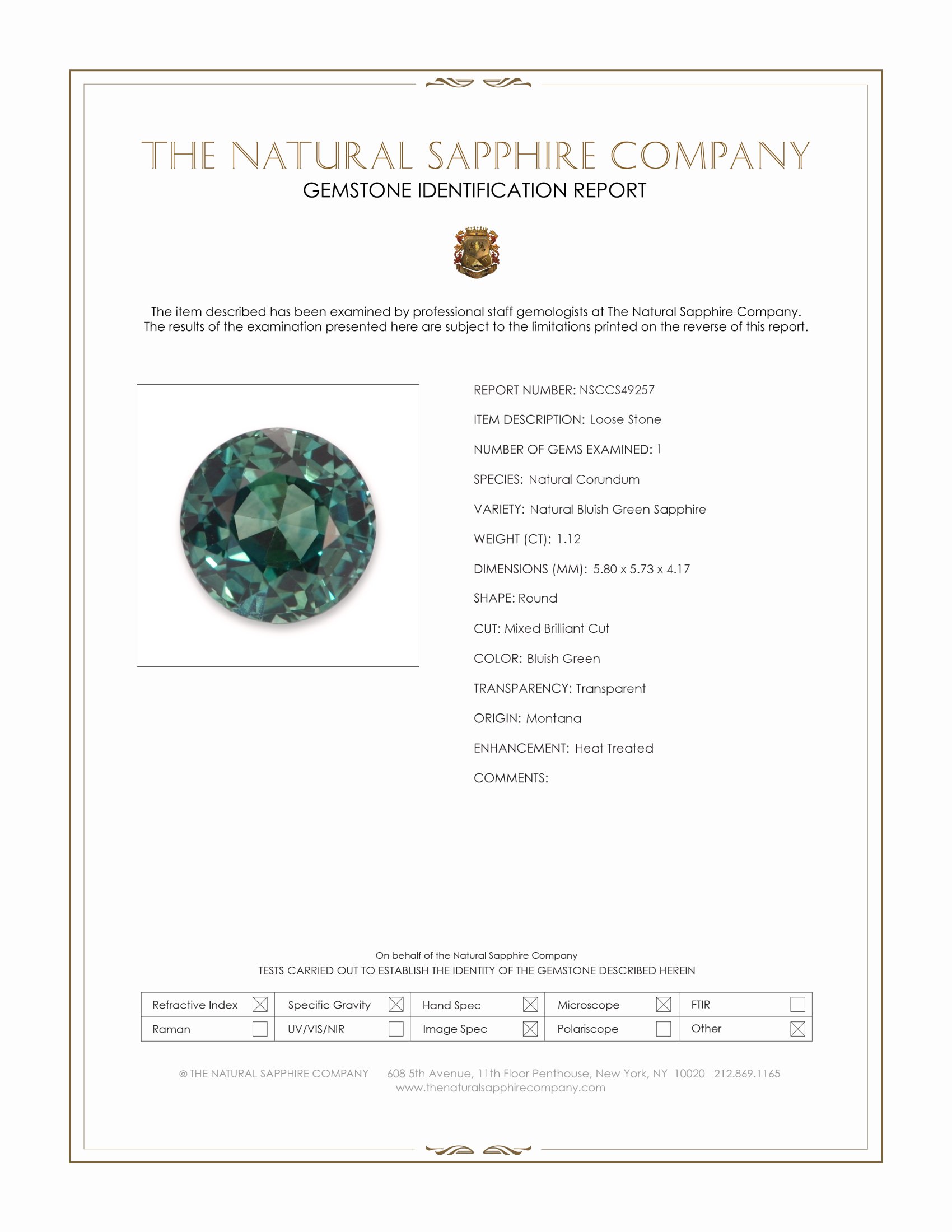 1.12 Ct. Bluish Green Sapphire from Montana