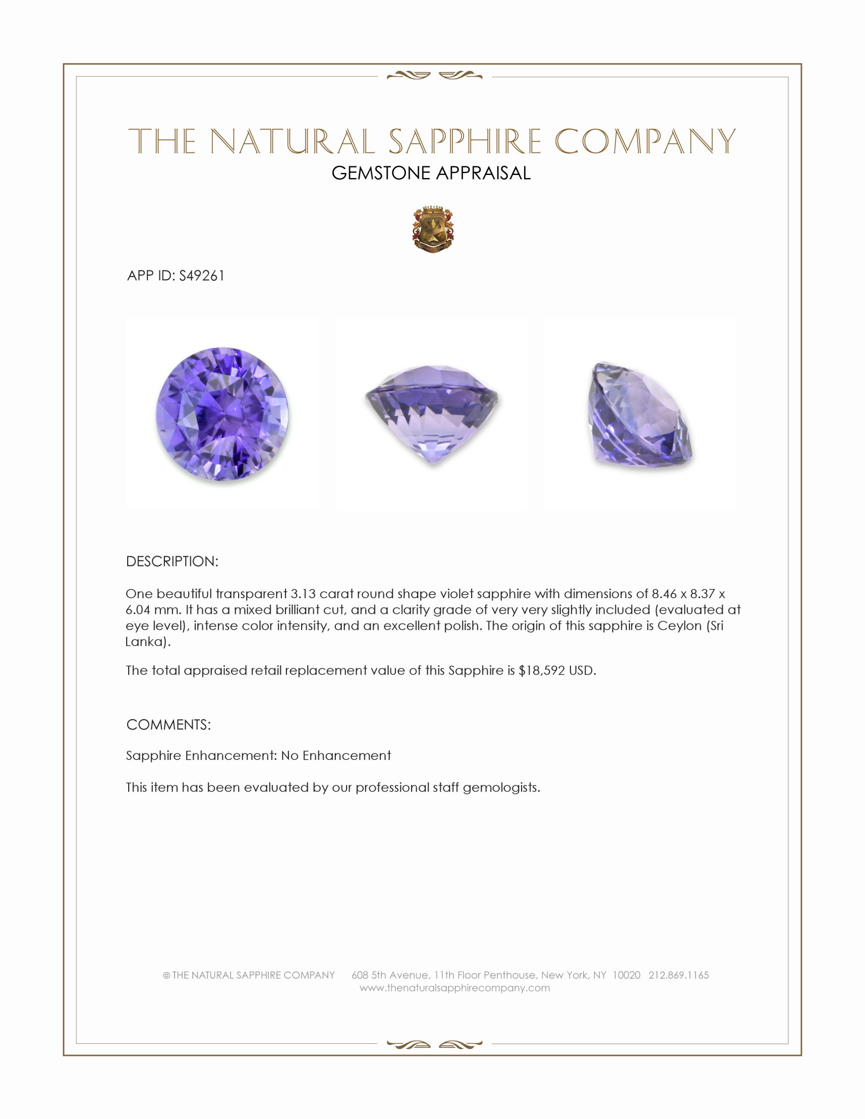 3.13 Ct. Violet Sapphire from Ceylon (Sri Lanka)