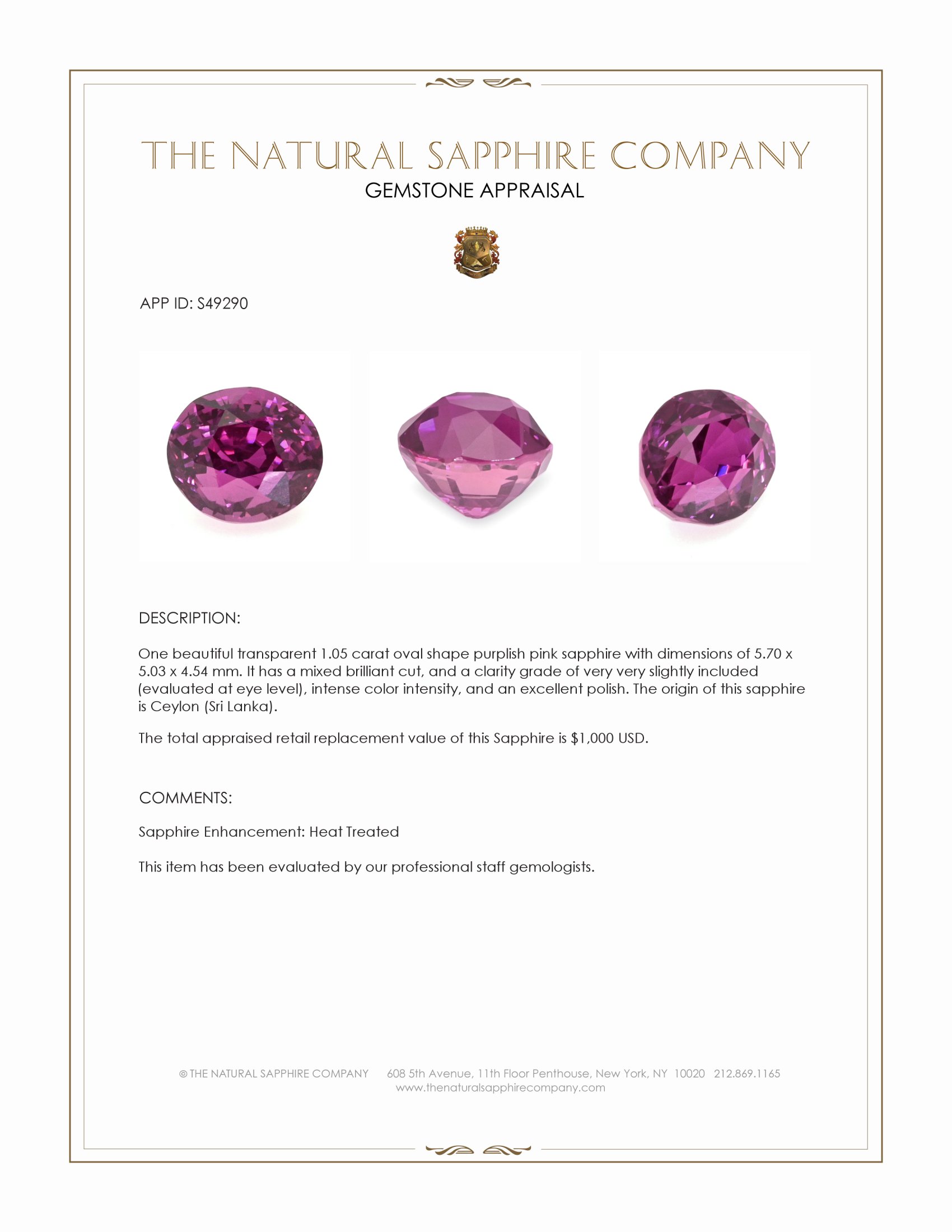1.05 Ct. Purplish Pink Sapphire from Ceylon (Sri Lanka)
