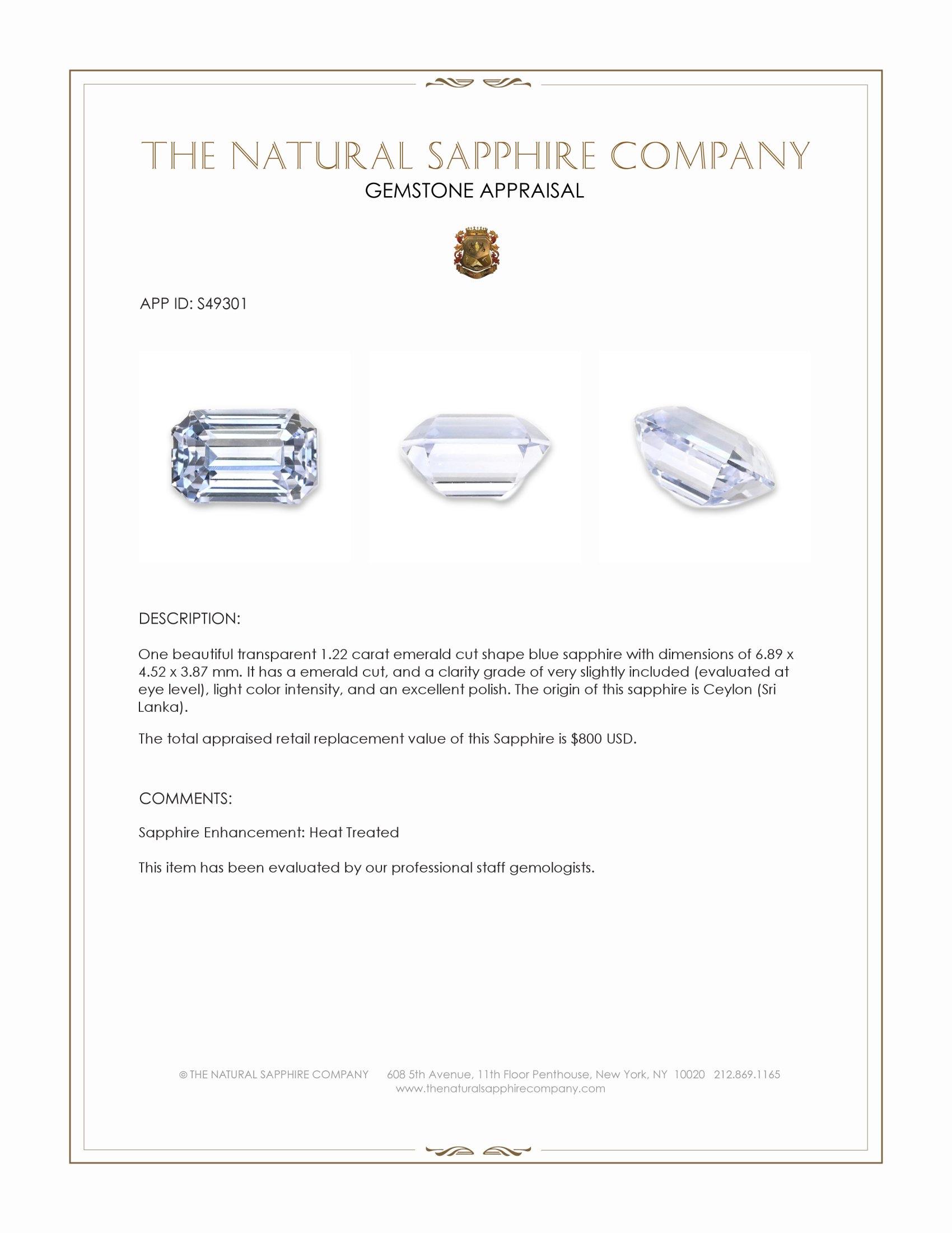 1.22 Ct. Blue Sapphire from Ceylon (Sri Lanka)