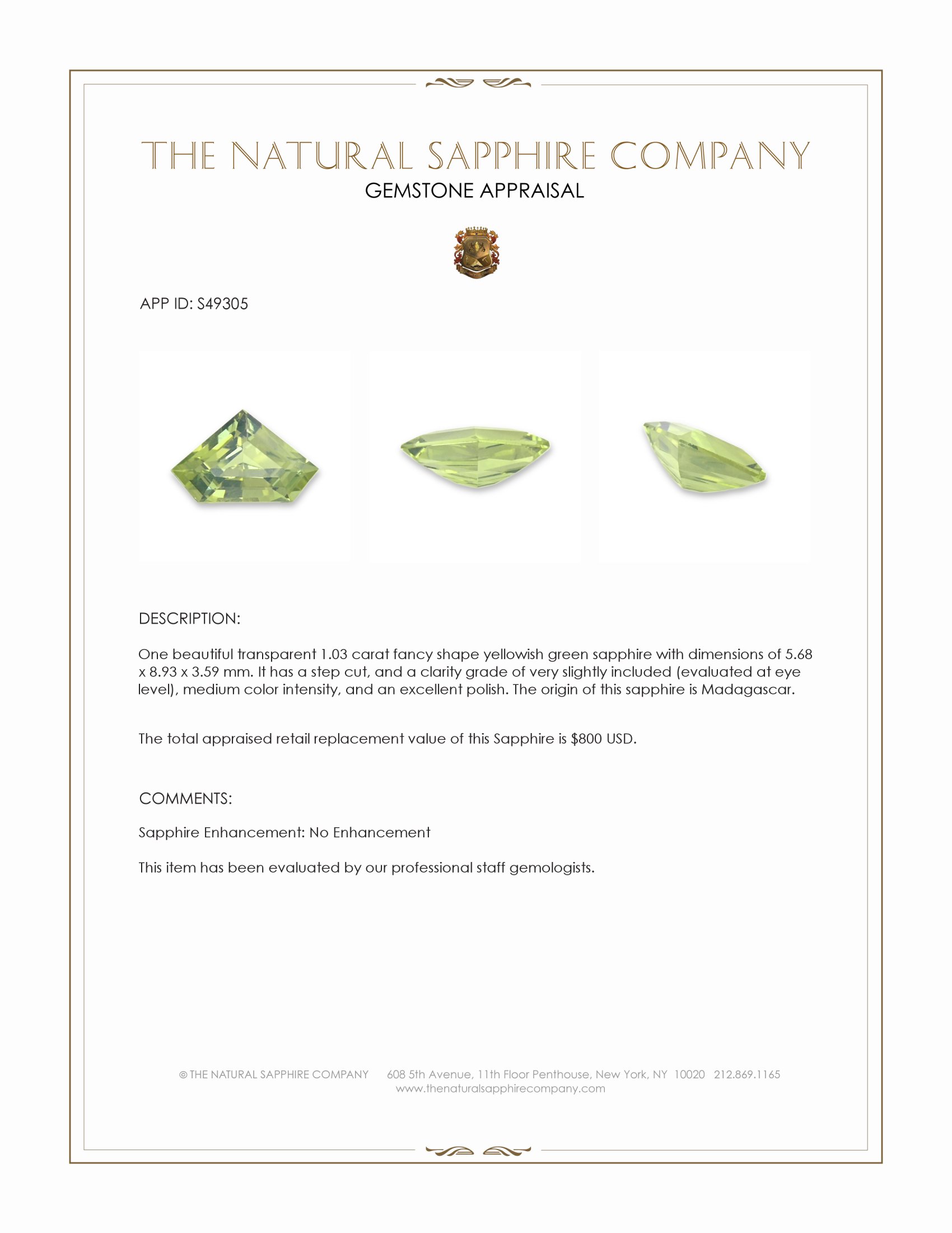 1.03 Ct. Yellowish Green Sapphire from Madagascar