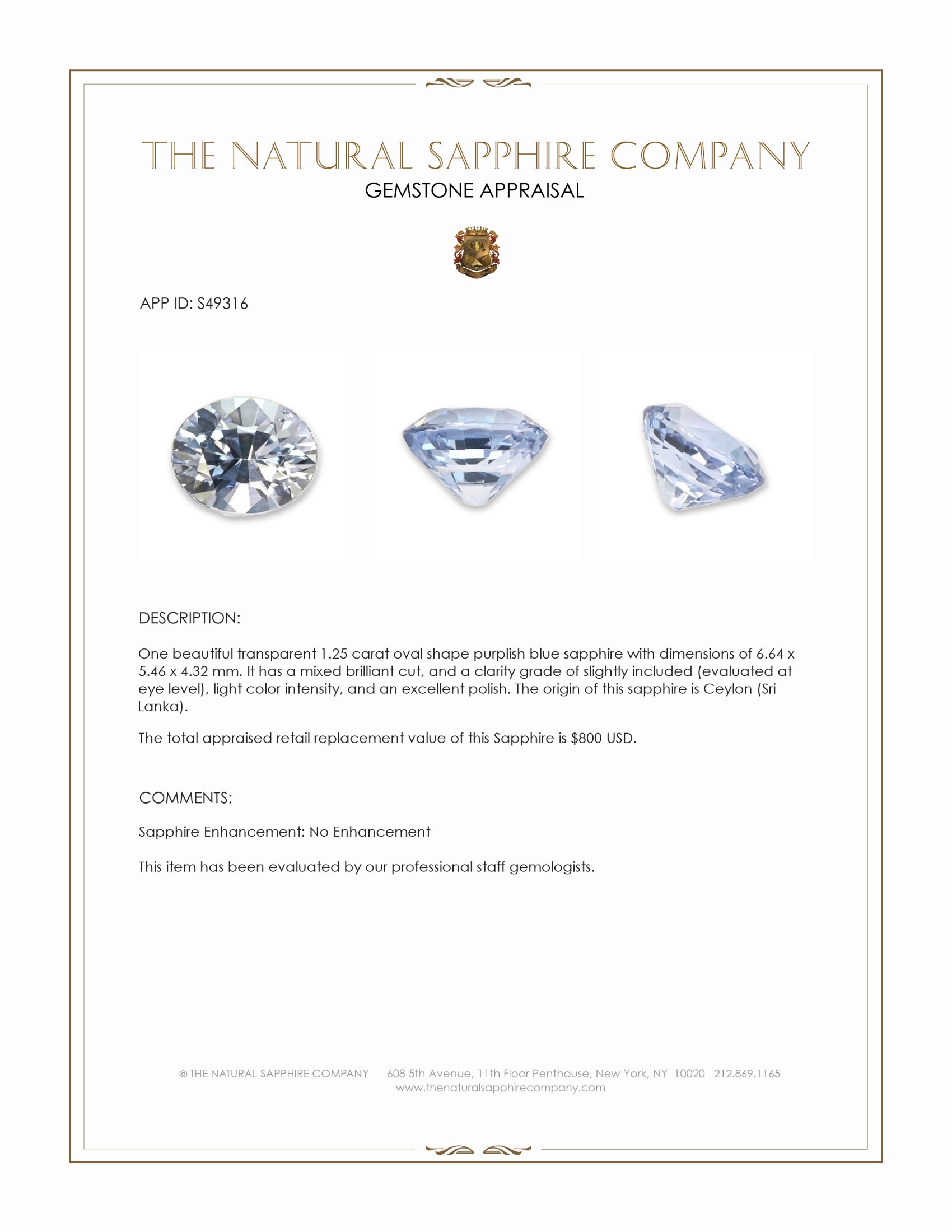 1.25 Ct. Purplish Blue Sapphire from Ceylon (Sri Lanka)