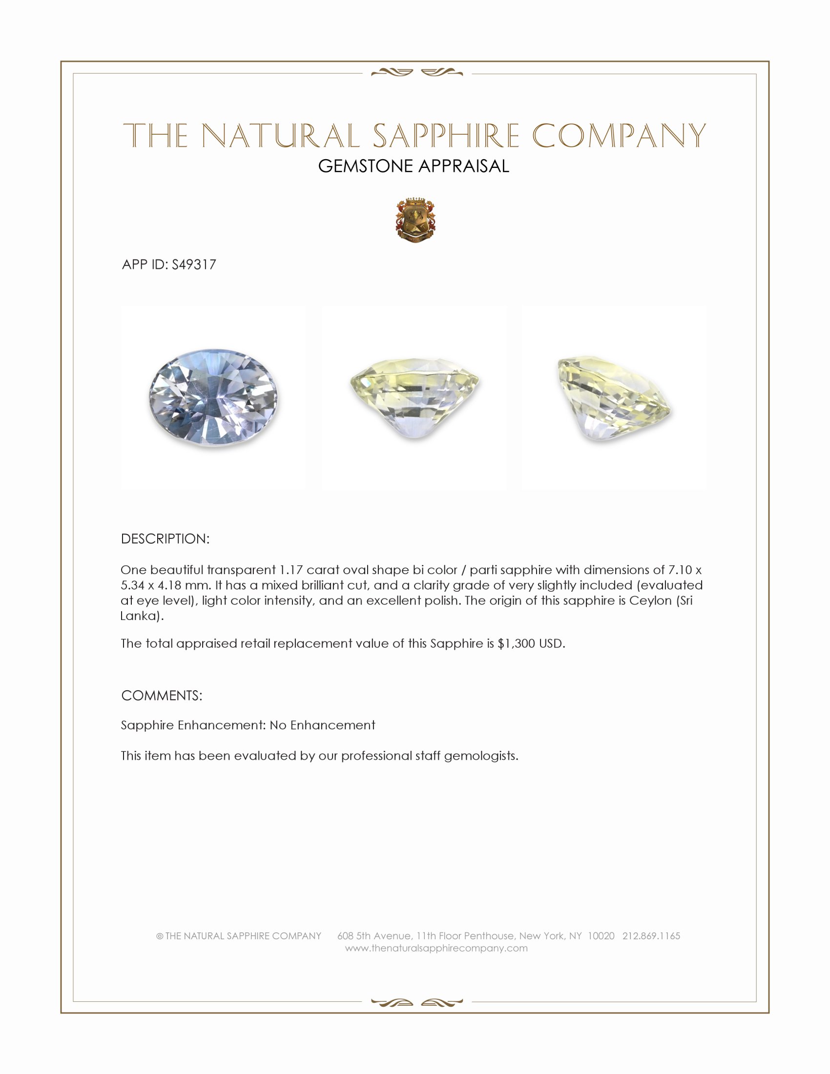 1.17 Ct. Bi Color / Parti Sapphire from Ceylon (Sri Lanka)
