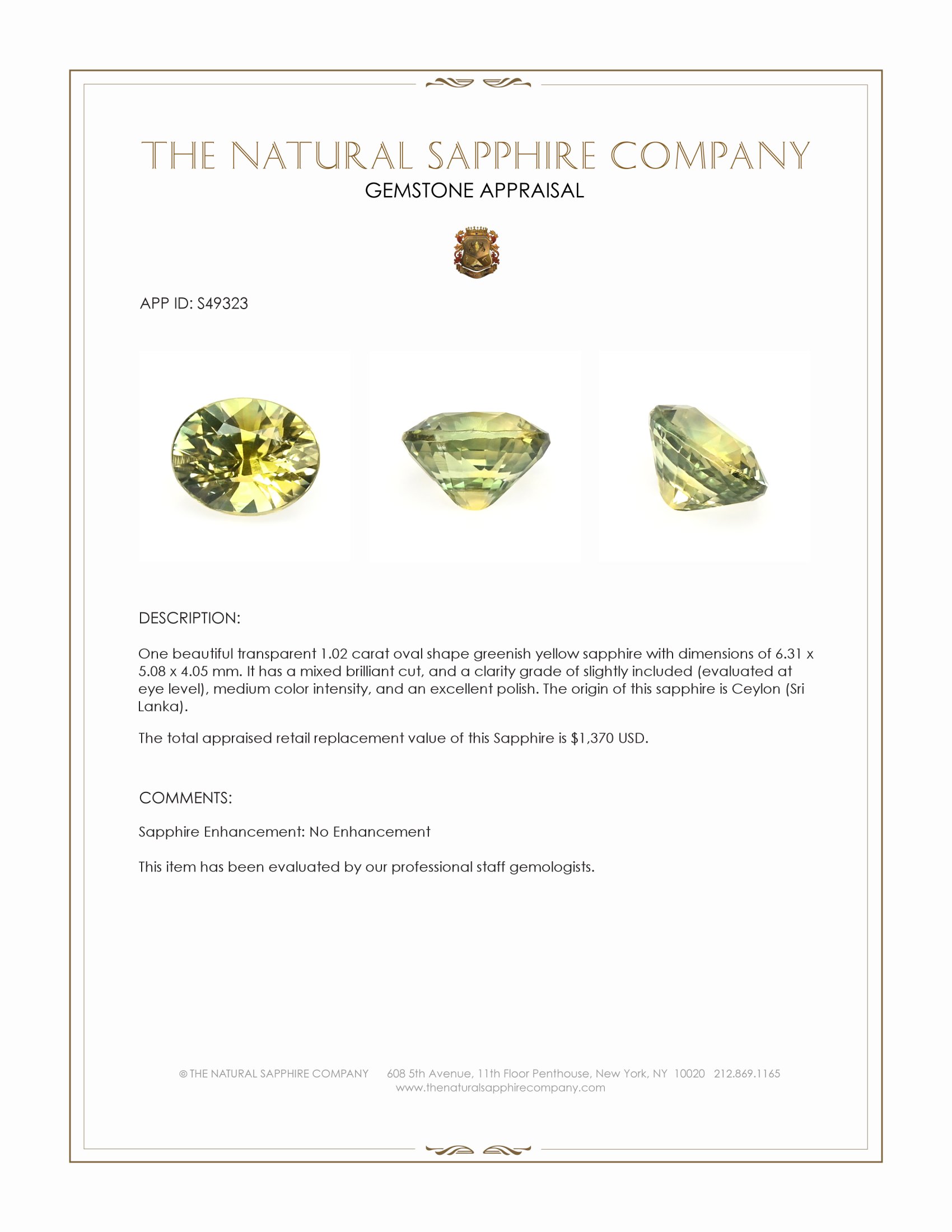 1.02 Ct. Greenish Yellow Sapphire from Ceylon (Sri Lanka)