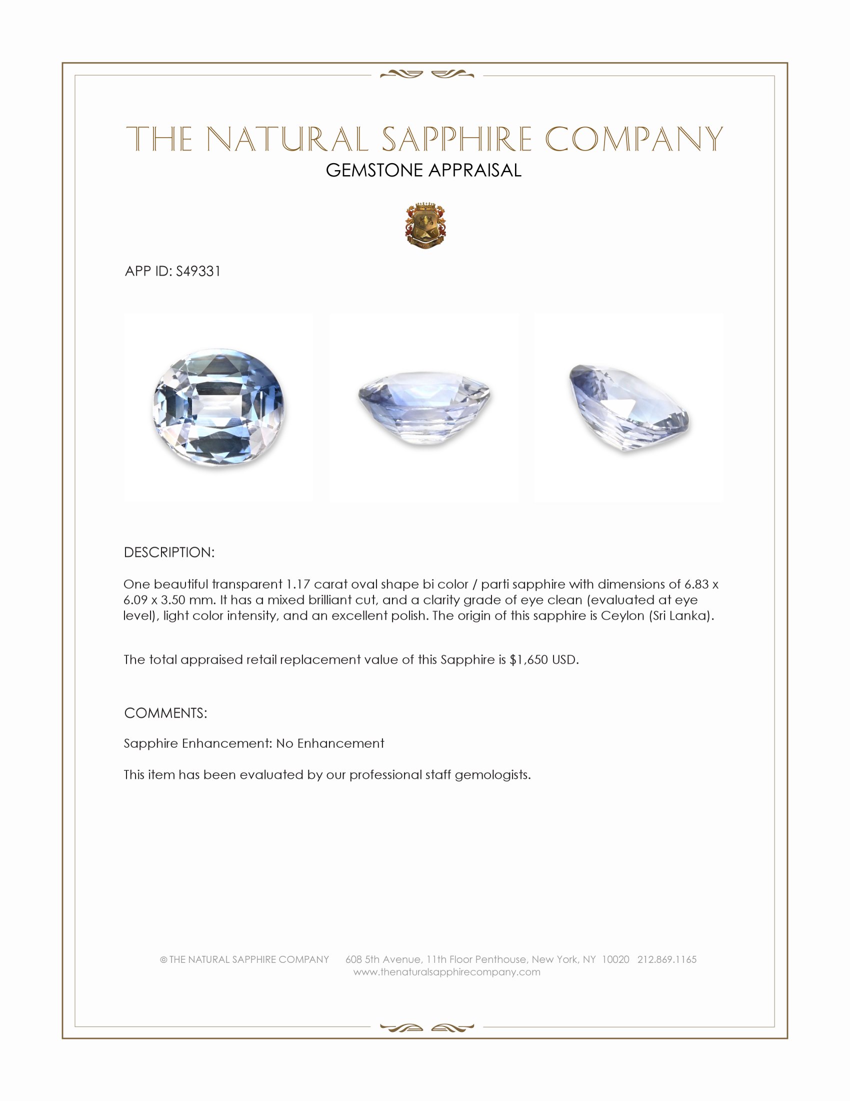 1.17 Ct. Bi Color / Parti Sapphire from Ceylon (Sri Lanka)