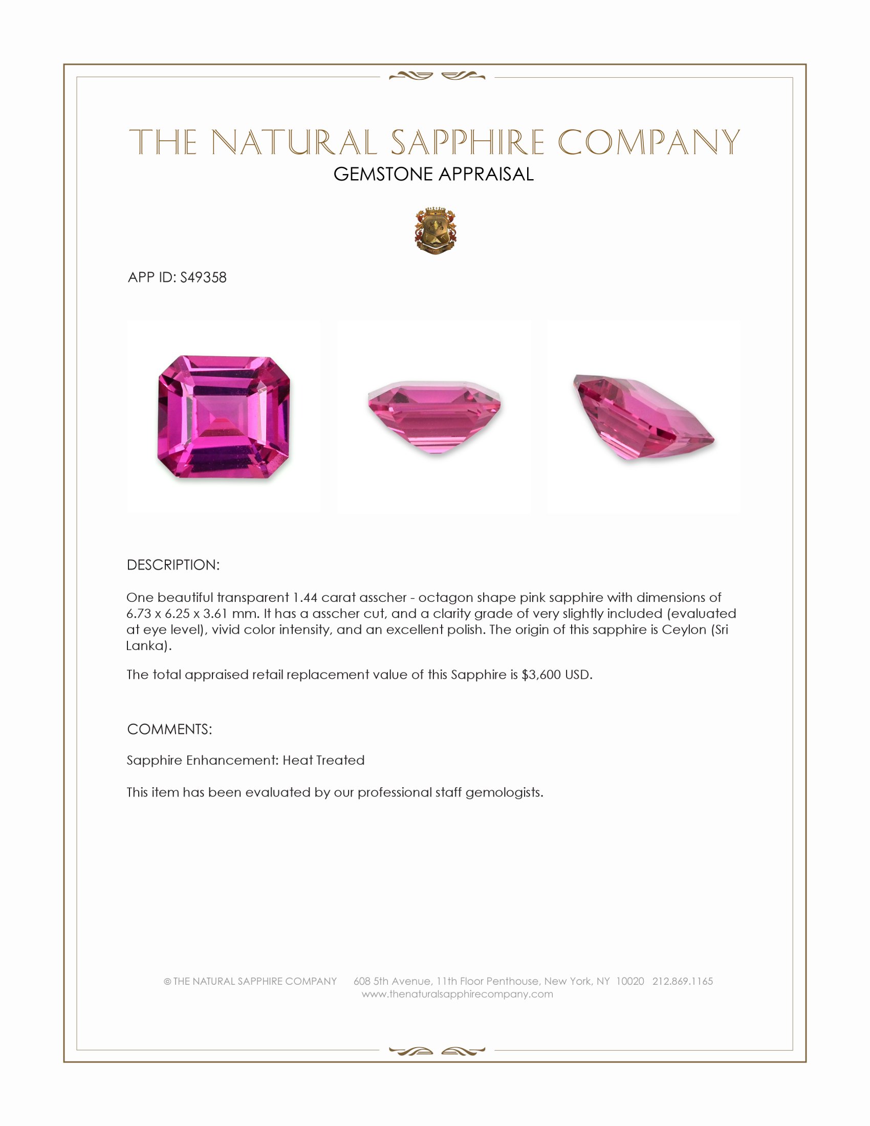 1.44 Ct. Pink Sapphire from Ceylon (Sri Lanka)