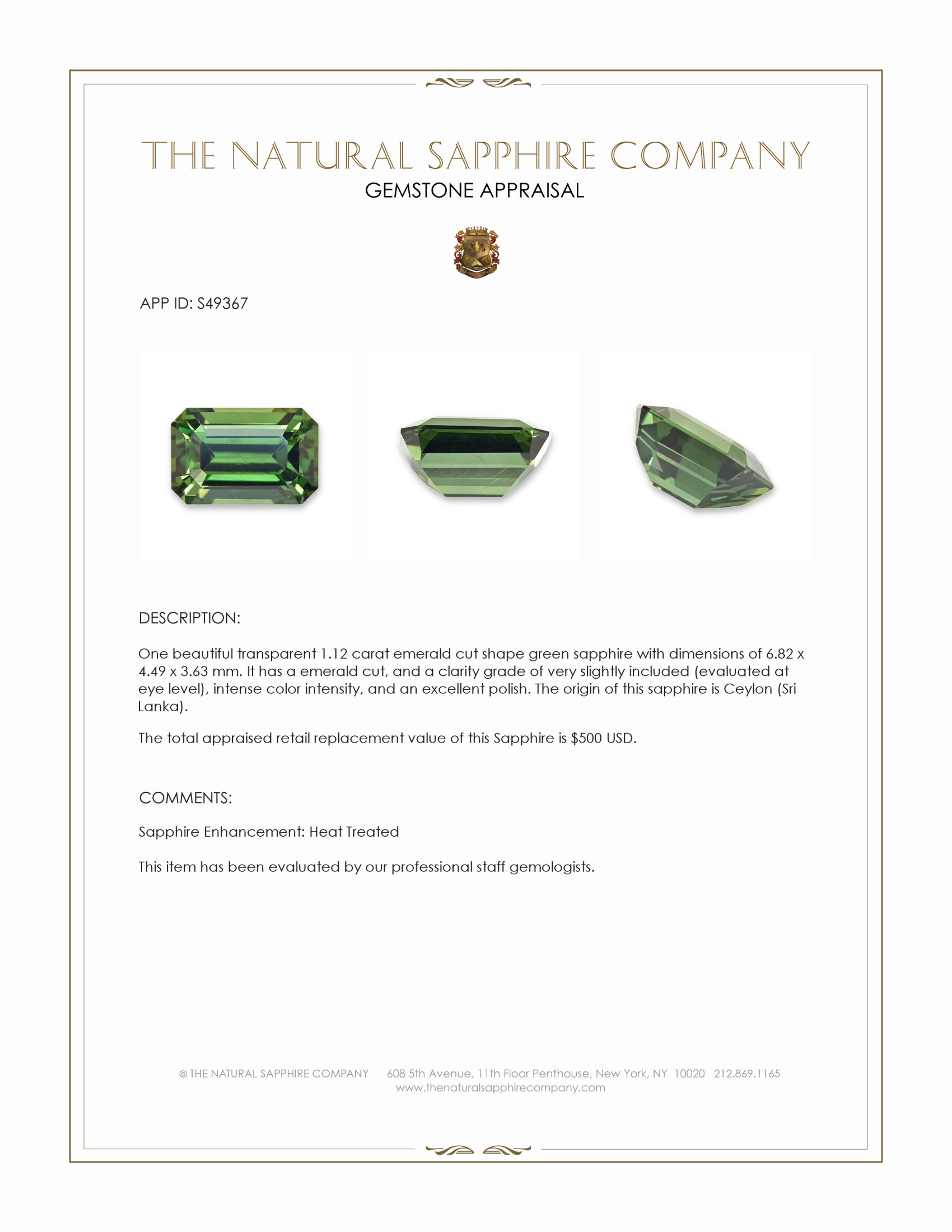 1.12 Ct. Green Sapphire from Ceylon (Sri Lanka)