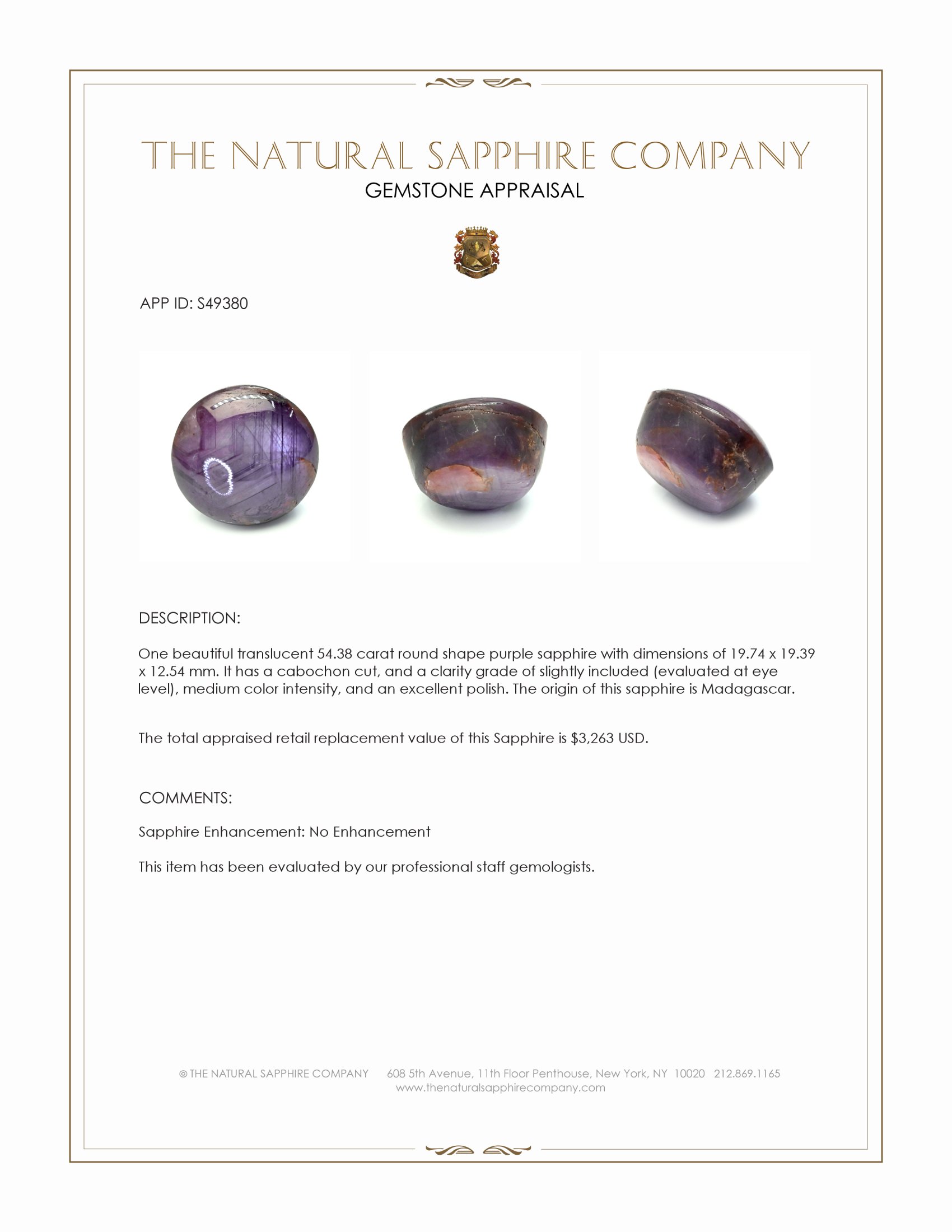 54.38 Ct. Purple Cabochon Sapphire from Madagascar