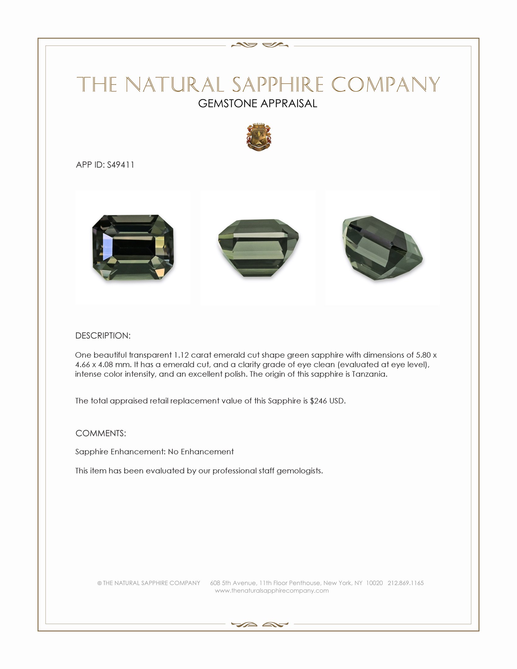 1.12 Ct. Green Sapphire from Tanzania