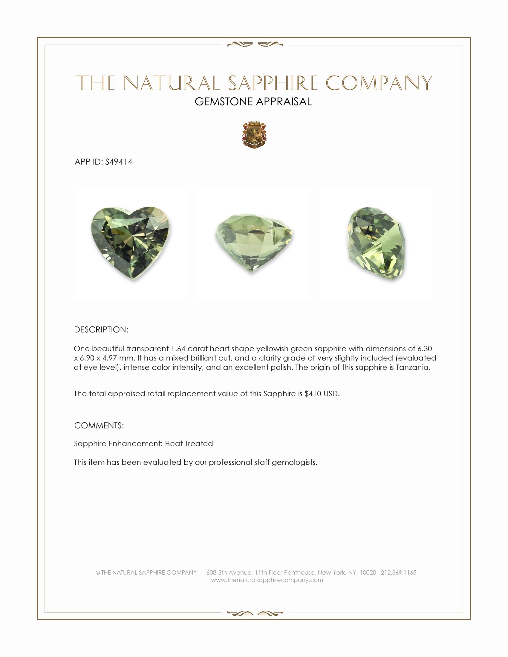 1.64 Ct. Yellowish Green Sapphire from Tanzania