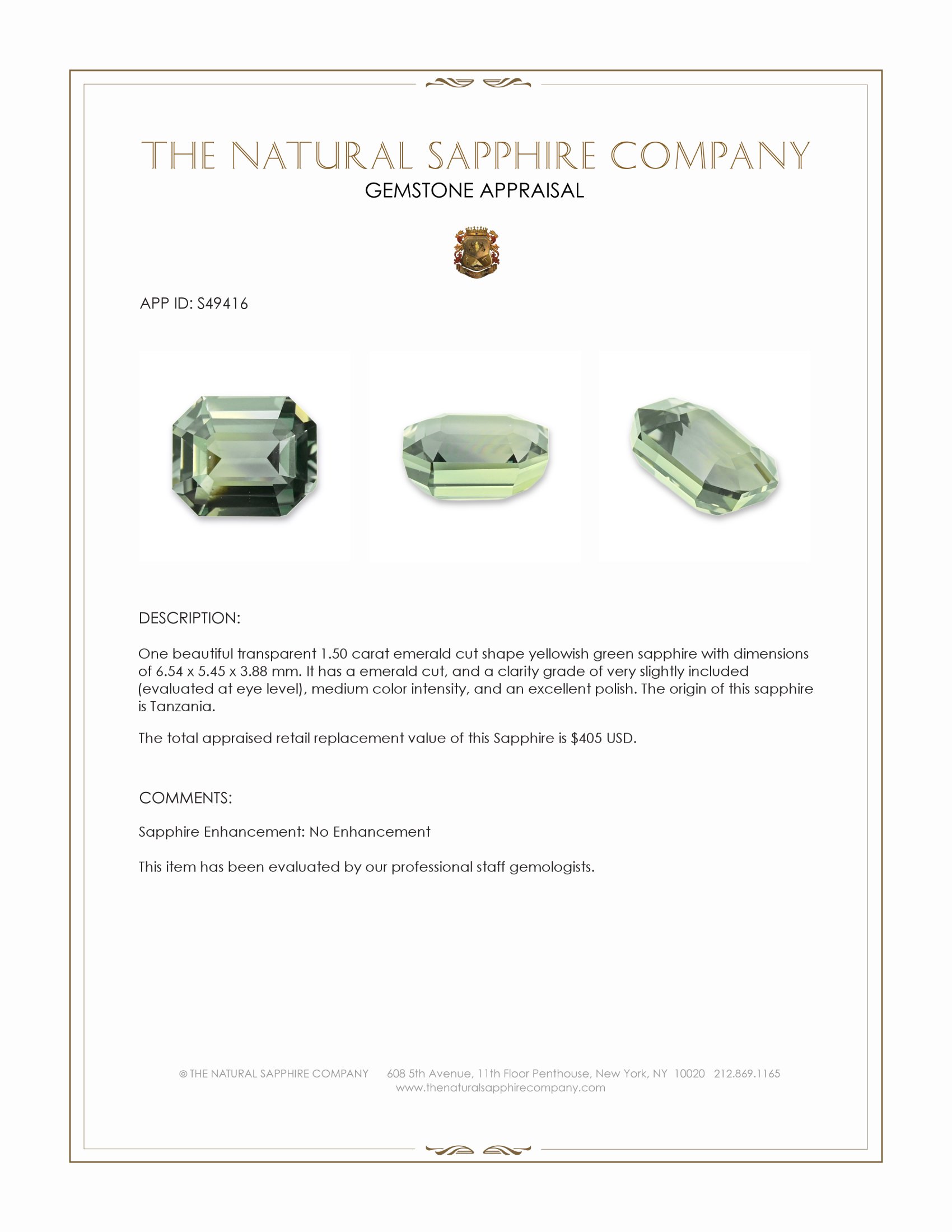 1.50 Ct. Yellowish Green Sapphire from Tanzania