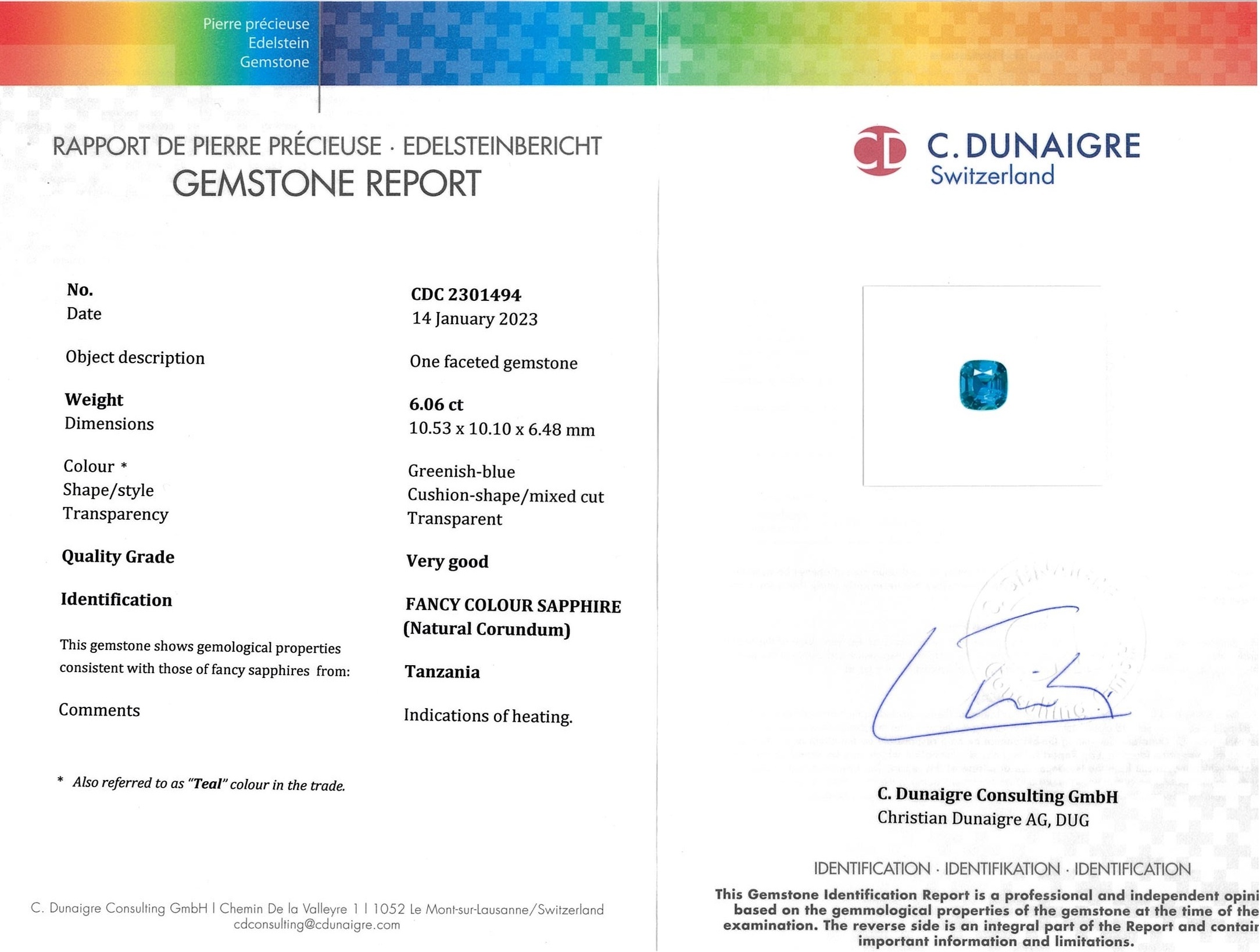 6.06 Ct. Greenish Blue Sapphire from Tanzania