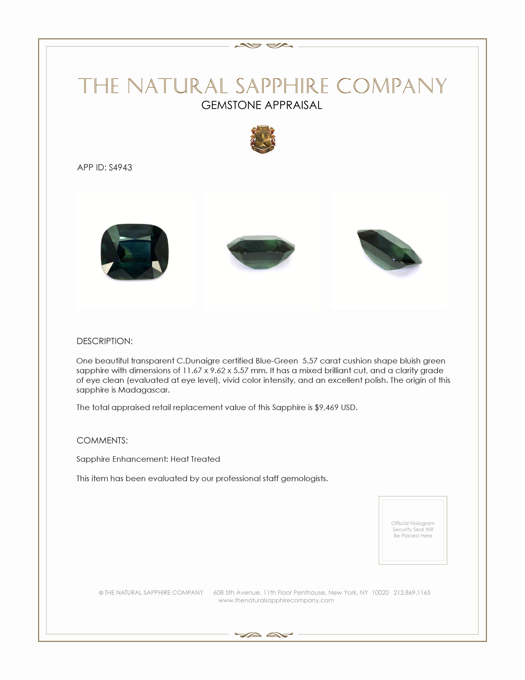 5.57 Ct. Bluish Green Sapphire from Madagascar