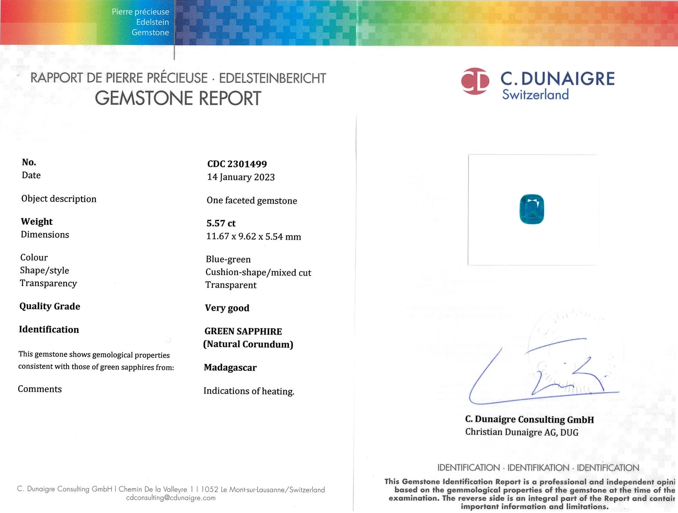 5.57 Ct. Bluish Green Sapphire from Madagascar